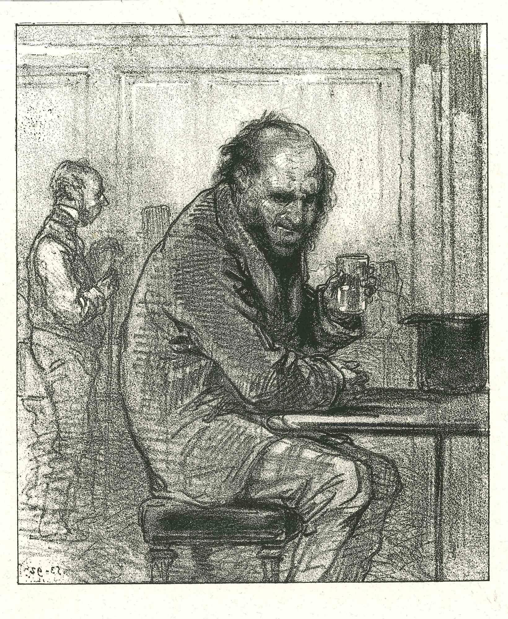 A Man with Whisky is an original lithograph artwork on ivory-colored paper, realized by the French draftsman Paul Gavarni (after) (alias Guillaume Sulpice Chevalier Gavarni, 1804-1866) in Paris, 1881, in the collection of Illustration for "La