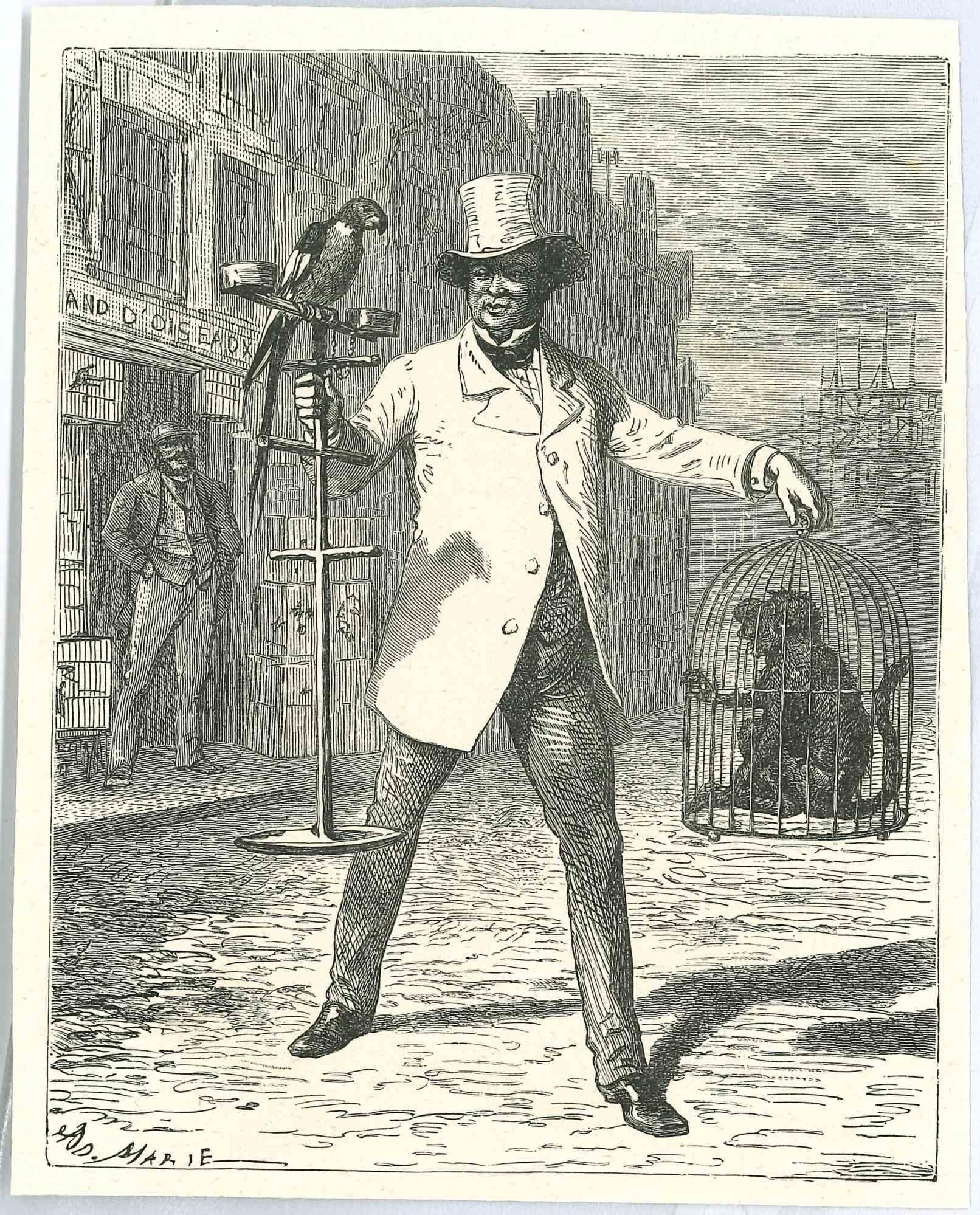 Uno showman con falco e scimmia  - Litografia originale di Paul Gavarni - 1881
