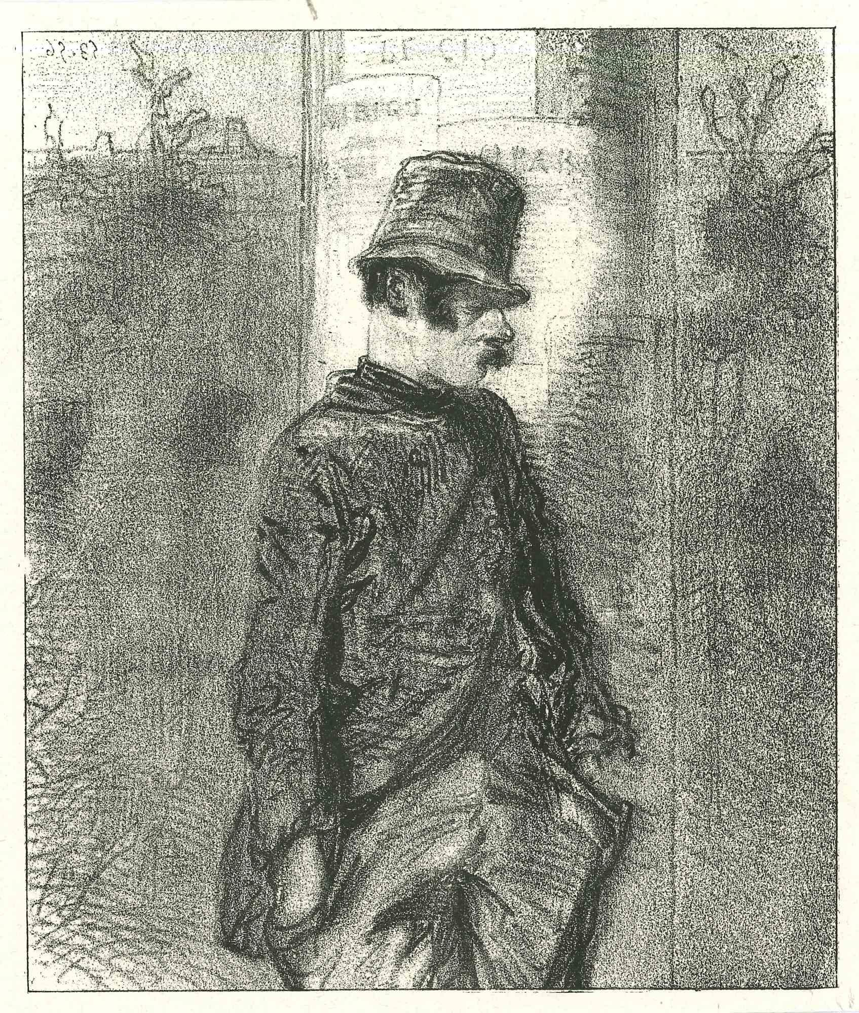 A Standing Man is an original lithograph artwork on ivory-colored paper, realized by the French draftsman Paul Gavarni (after) (alias Guillaume Sulpice Chevalier Gavarni, 1804-1866) in Paris, 1881, in the collection of Illustrations for "La