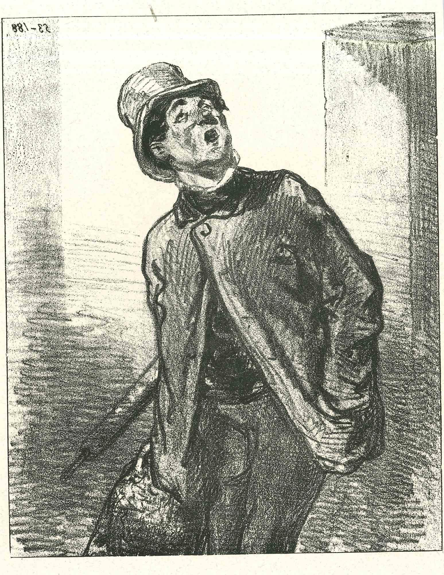 A watching man is an original lithograph artwork on ivory-colored paper, realized by the French draftsman Paul Gavarni (after) (alias Guillaume Sulpice Chevalier Gavarni, 1804-1866) in Paris, 1881, in the collection of Illustrations for "La