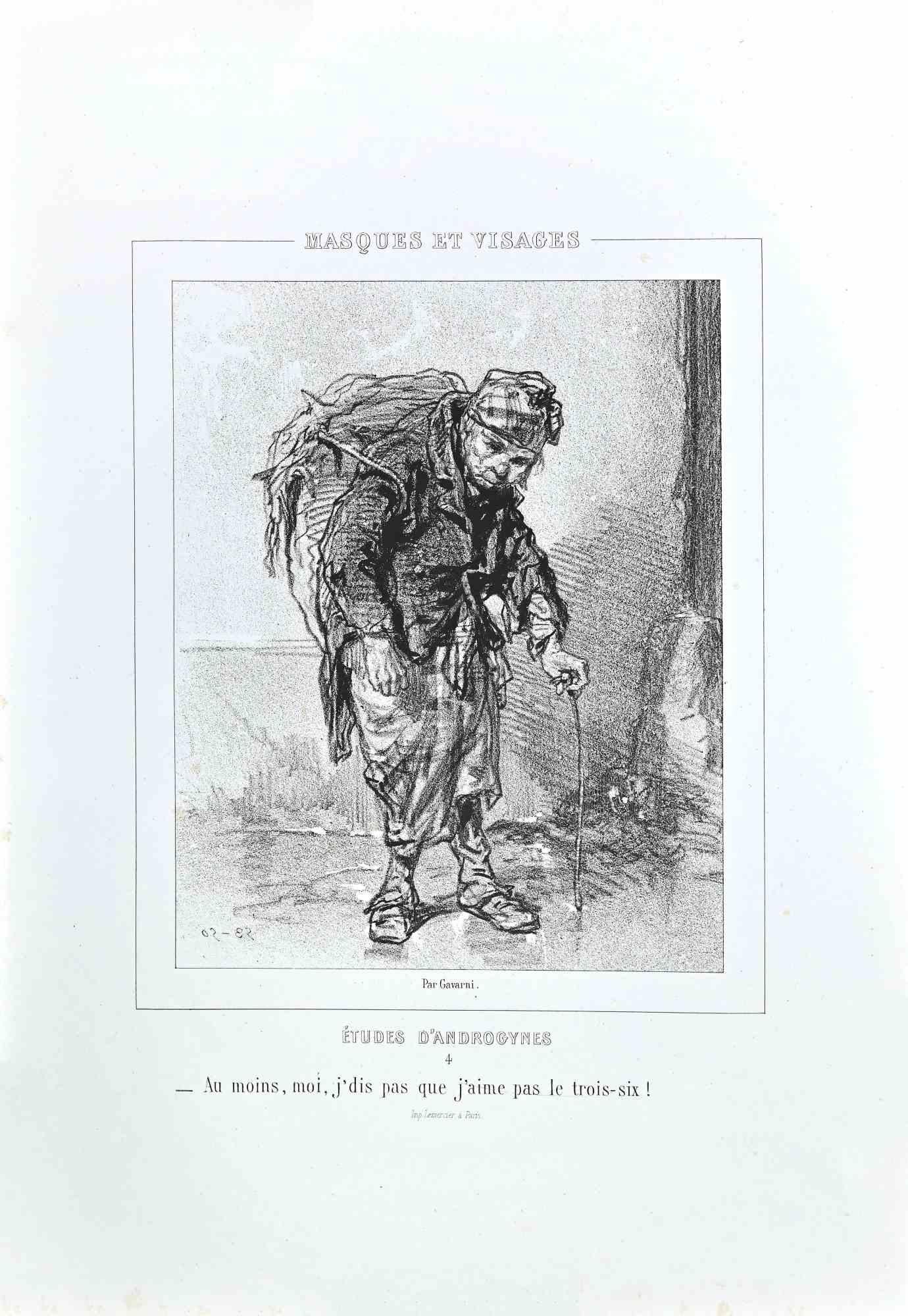 tudes D'Androgynes  - Lithographie originale de Paul Gavarni - Années 1850