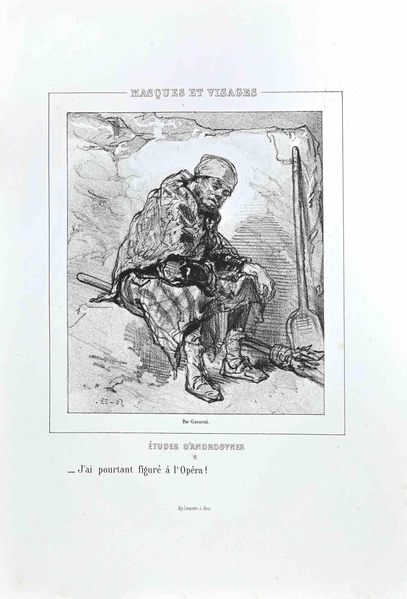 Tudes d'Androgynes - Lithographie originale de Paul Gavarni - années 1850