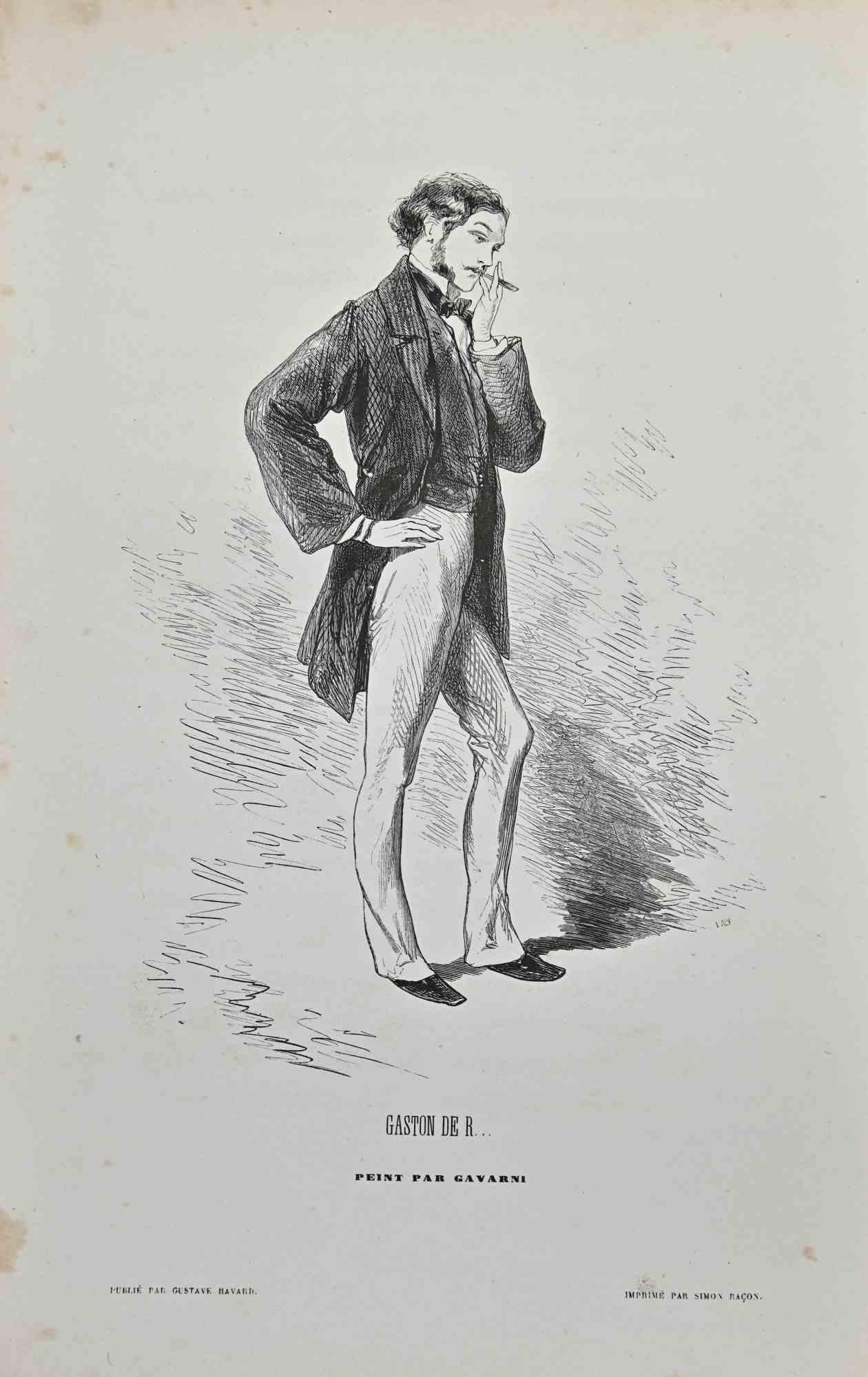Gaston De R ist eine Lithographie auf elfenbeinfarbenem Papier, die von dem französischen Zeichner Paul Gavarni (alias Guillaume Sulpice Chevalier Gavarni, 1804-1866) Mitte des 19.

Auf der Platte signiert "Par Gavarni".

Aus der Serie der "Masques