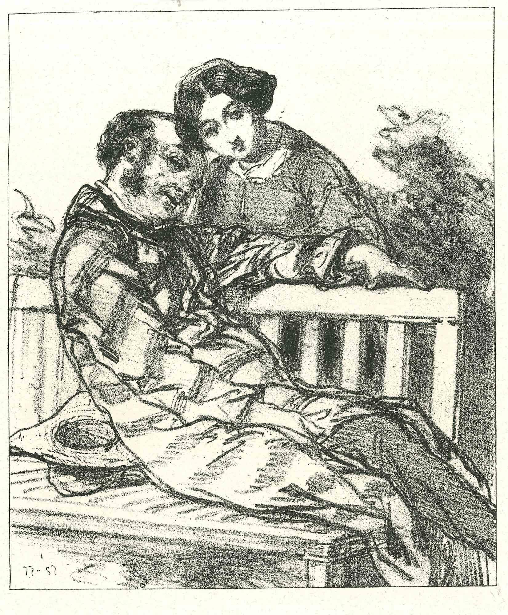 Gentle Fondness is an original lithograph artwork on ivory-colored paper, realized by the French draftsman Paul Gavarni (after) (alias Guillaume Sulpice Chevalier Gavarni, 1804-1866) in Paris, 1881, in the collection of Illustrations for "La