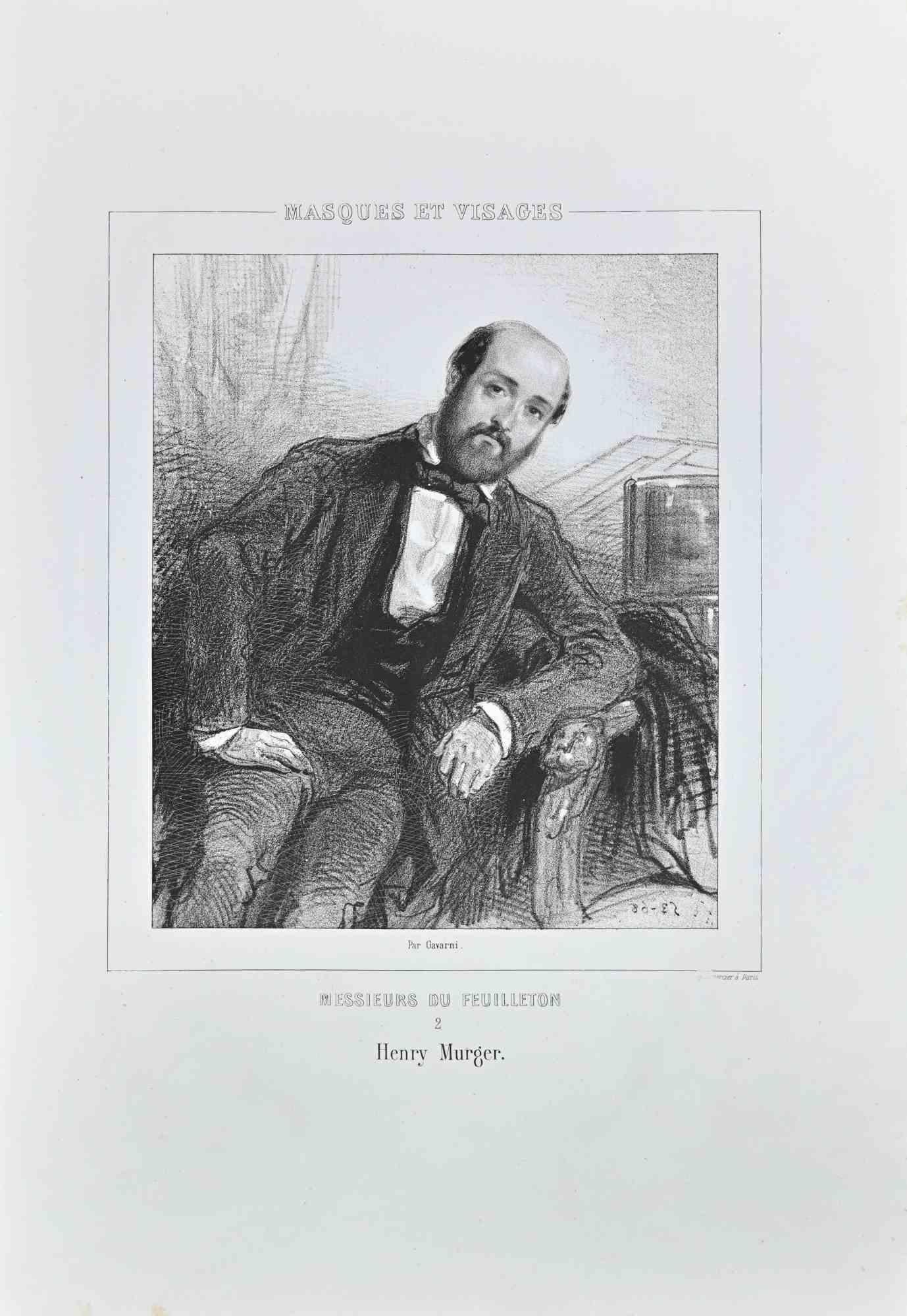 Henry Murger ist eine Lithographie auf elfenbeinfarbenem Papier, die von dem französischen Zeichner Paul Gavarni (alias Guillaume Sulpice Chevalier Gavarni, 1804-1866) Mitte des 19.

Aus der Serie der "Masques et Visages". Auf der unteren Seite