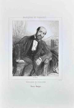 Henry Murger - Original Lithograph by Paul Gavarni - 1850s