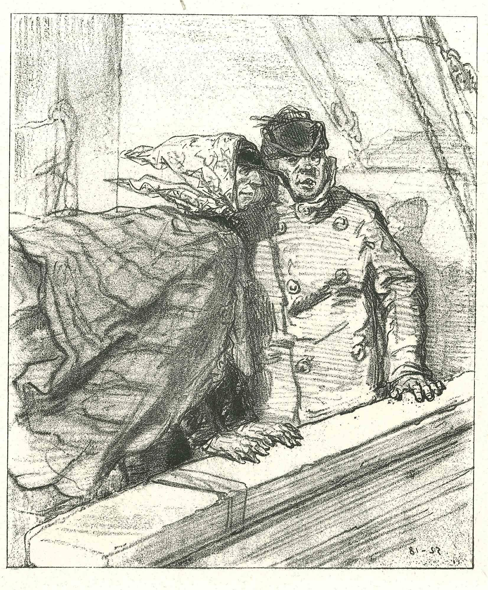In the ship by wind is an original lithograph artwork on ivory-colored paper, realized by the French draftsman Paul Gavarni (after) (alias Guillaume Sulpice Chevalier Gavarni, 1804-1866) in Paris, 1881, in the collection of Illustrations for "La