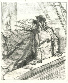 Lithographie originale de Paul Gavarni intitulée « In the Ship by Wind » (Enfant au vent) - 1881