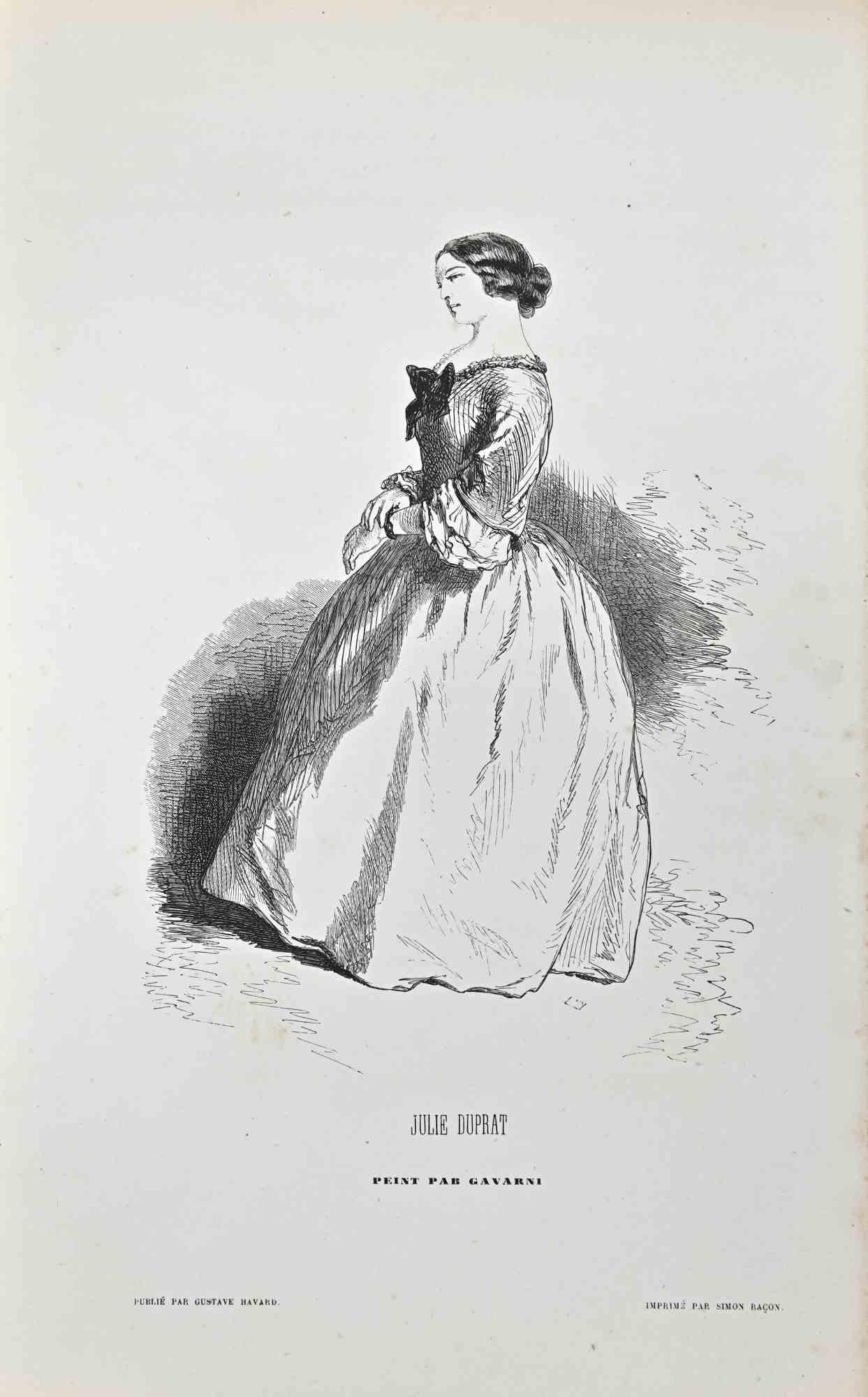 Juliie Duprat is a lithograph on ivory-colored paper, realized by the French draftsman Paul Gavarni (alias Guillaume Sulpice Chevalier Gavarni, 1804-1866) in the mid-19th Century.

Signed on the plate" Par Gavarni".

From series of "Masques et