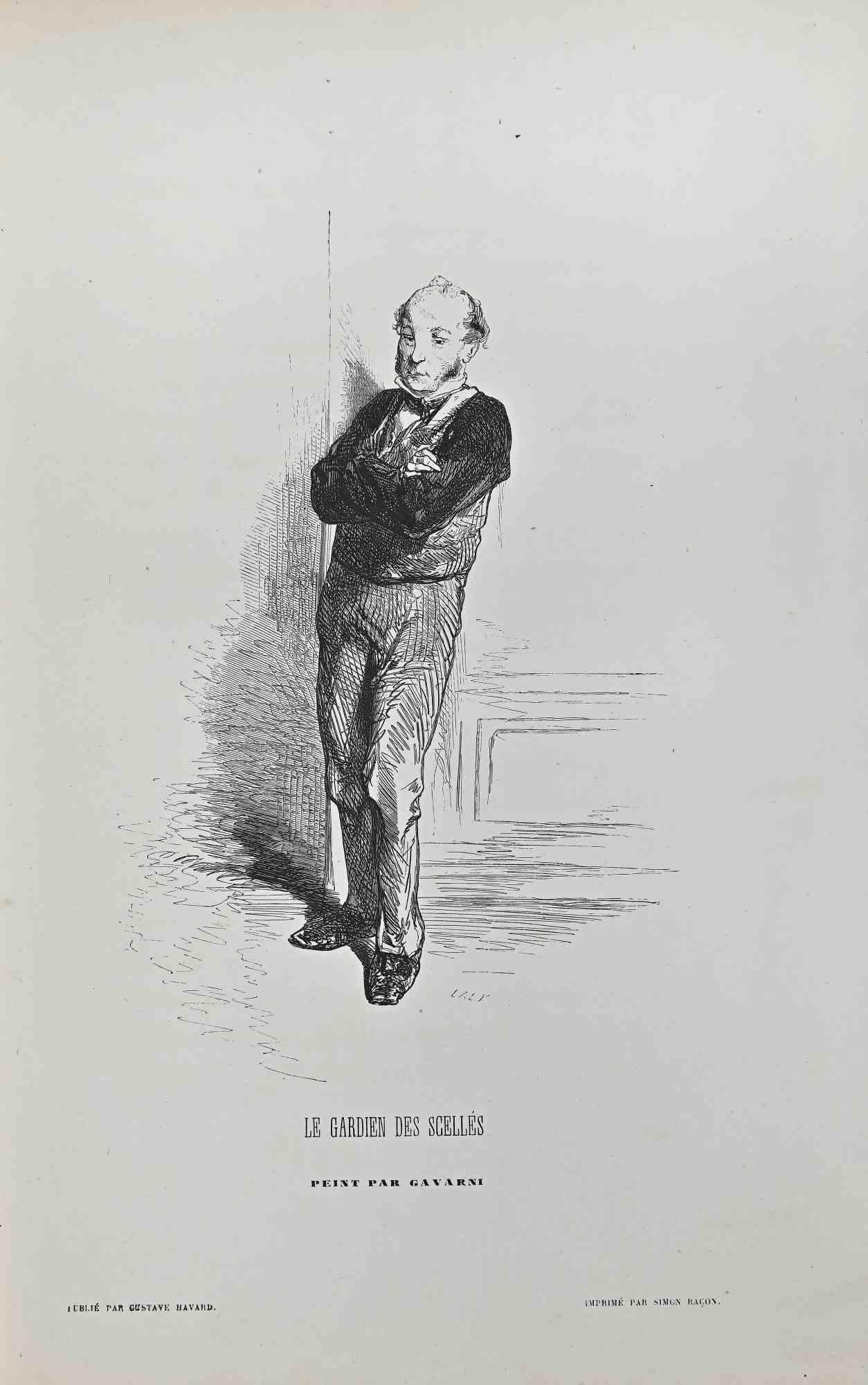 La Gardien des Scelles - Lithographie de Paul Gavarni - milieu du 19e siècle