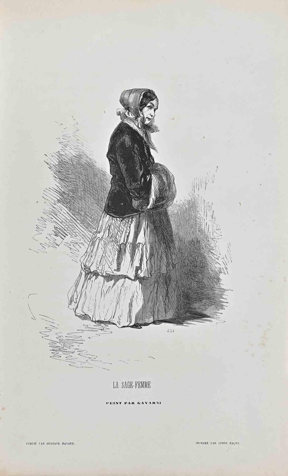 La Sagge Femme ist eine Lithographie auf elfenbeinfarbenem Papier, die der französische Zeichner Paul Gavarni (alias Guillaume Sulpice Chevalier Gavarni, 1804-1866) in der Mitte des 19.

Auf der Platte signiert "Par Gavarni".

Aus der Serie der