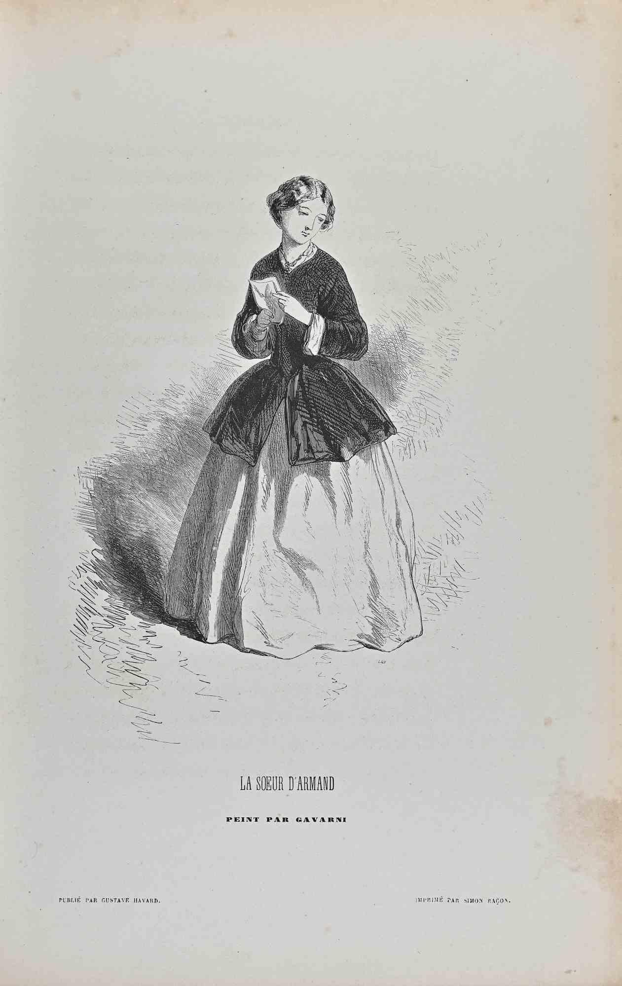 La Soeur D'Armand is a lithograph on ivory-colored paper, realized by the French draftsman Paul Gavarni (alias Guillaume Sulpice Chevalier Gavarni, 1804-1866) in the mid-19th Century.

Signed on the plate" Par Gavarni".

From series of "Masques et