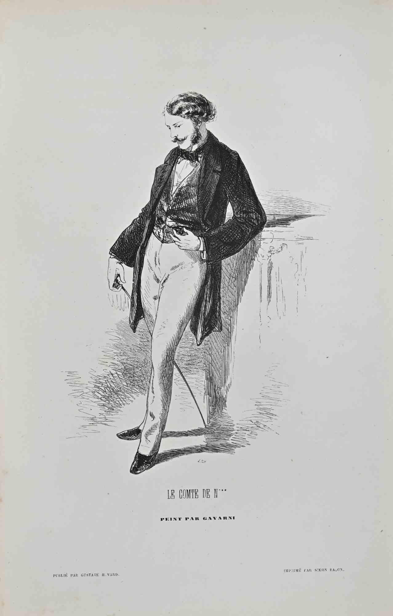 Le Comte De N ist eine Lithografie auf elfenbeinfarbenem Papier, die der französische Zeichner Paul Gavarni (alias Guillaume Sulpice Chevalier Gavarni, 1804-1866) Mitte des 19. Jahrhunderts schuf.

Auf der Platte signiert "Par Gavarni".

Aus der