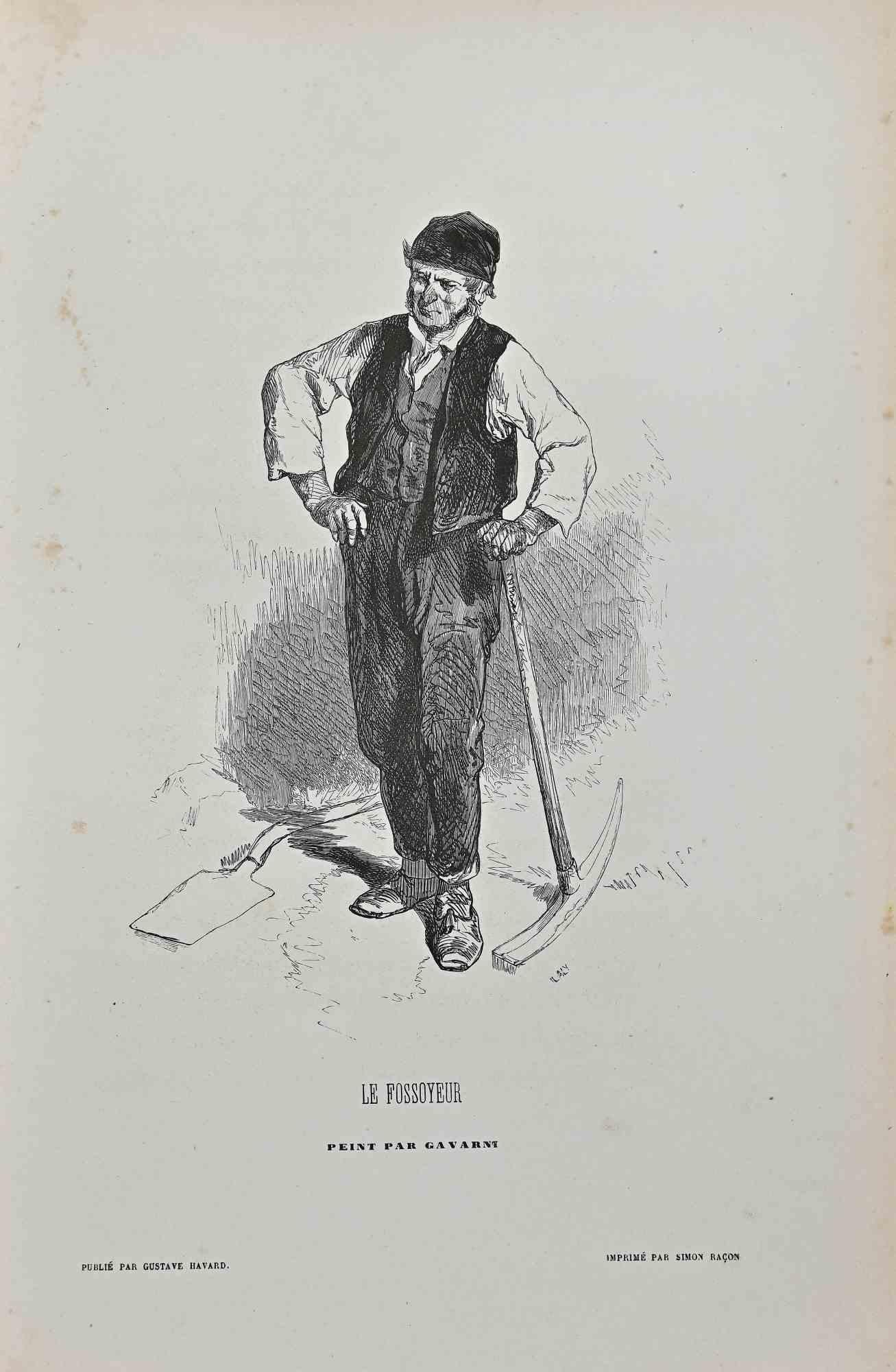 Le Fossoyeur is a lithograph on ivory-colored paper, realized by the French draftsman Paul Gavarni (alias Guillaume Sulpice Chevalier Gavarni, 1804-1866) in the mid-19th Century.

Signed on the plate" Par Gavarni".

From series of "Masques et