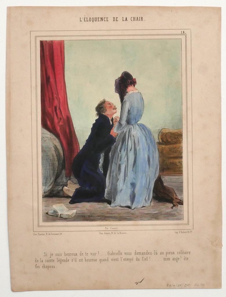 L'éloquence de la Chair is a satirical illustration, an original hand-colored lithograph on creamy paper realized by the French draftsman Paul Gavarni (alias Guillaume Sulpice Chevalier, 1804-1866), with pouchoir details.

Signed on plate on the