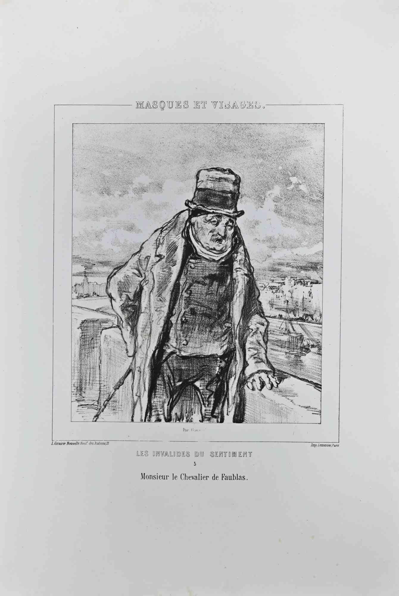 Les Invalides du Sentiment is a lithograph on ivory-colored paper, realized by the French draftsman Paul Gavarni (alias Guillaume Sulpice Chevalier Gavarni, 1804-1866) in the mid-19th Century.

From series of "Masques et Visages". Titled on the