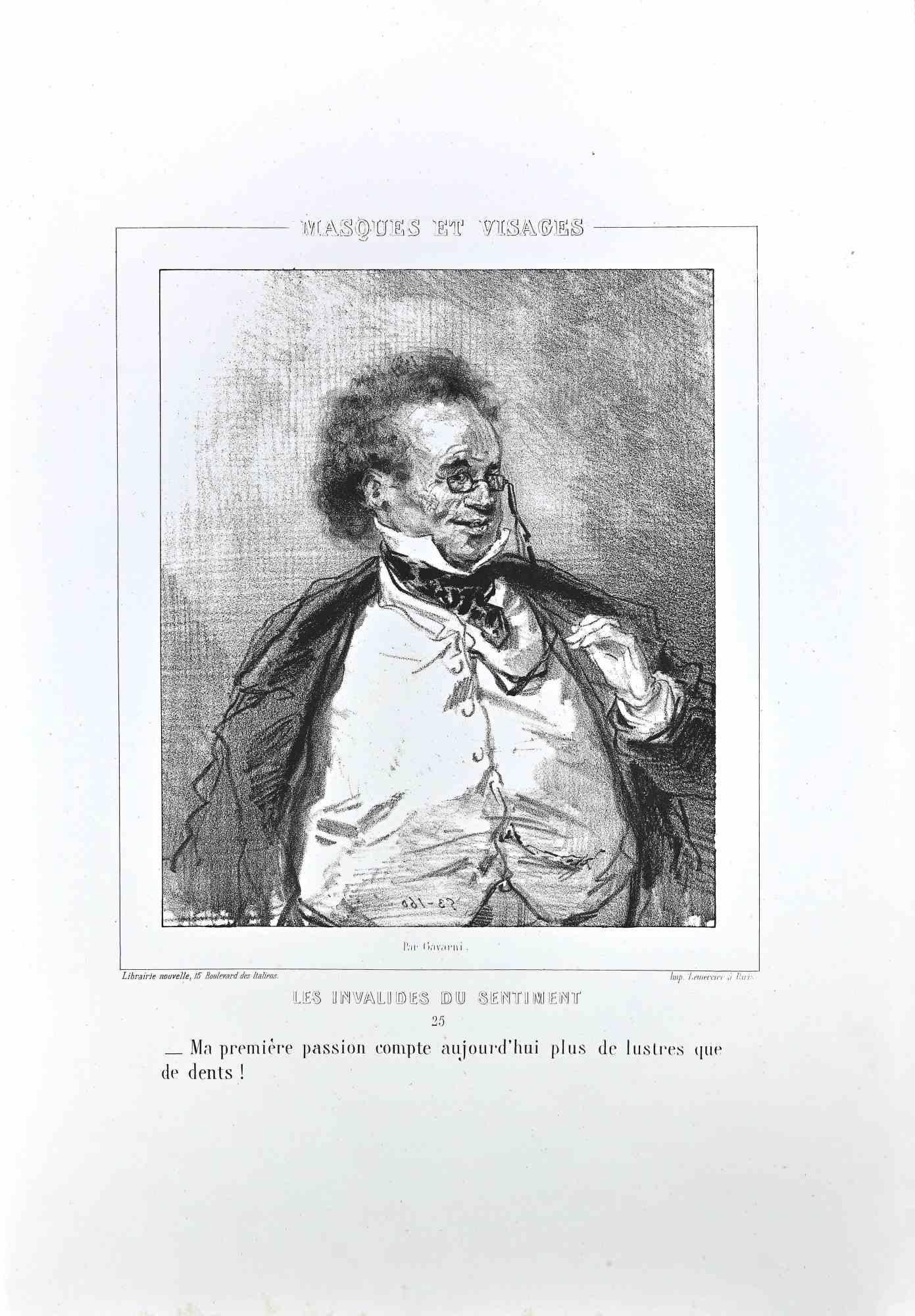 Les Invalides du Sentiment ist eine Lithographie auf elfenbeinfarbenem Papier, die von dem französischen Zeichner Paul Gavarni (alias Guillaume Sulpice Chevalier Gavarni, 1804-1866) Mitte des 19.

Aus der Serie der "Masques et Visages". Auf der