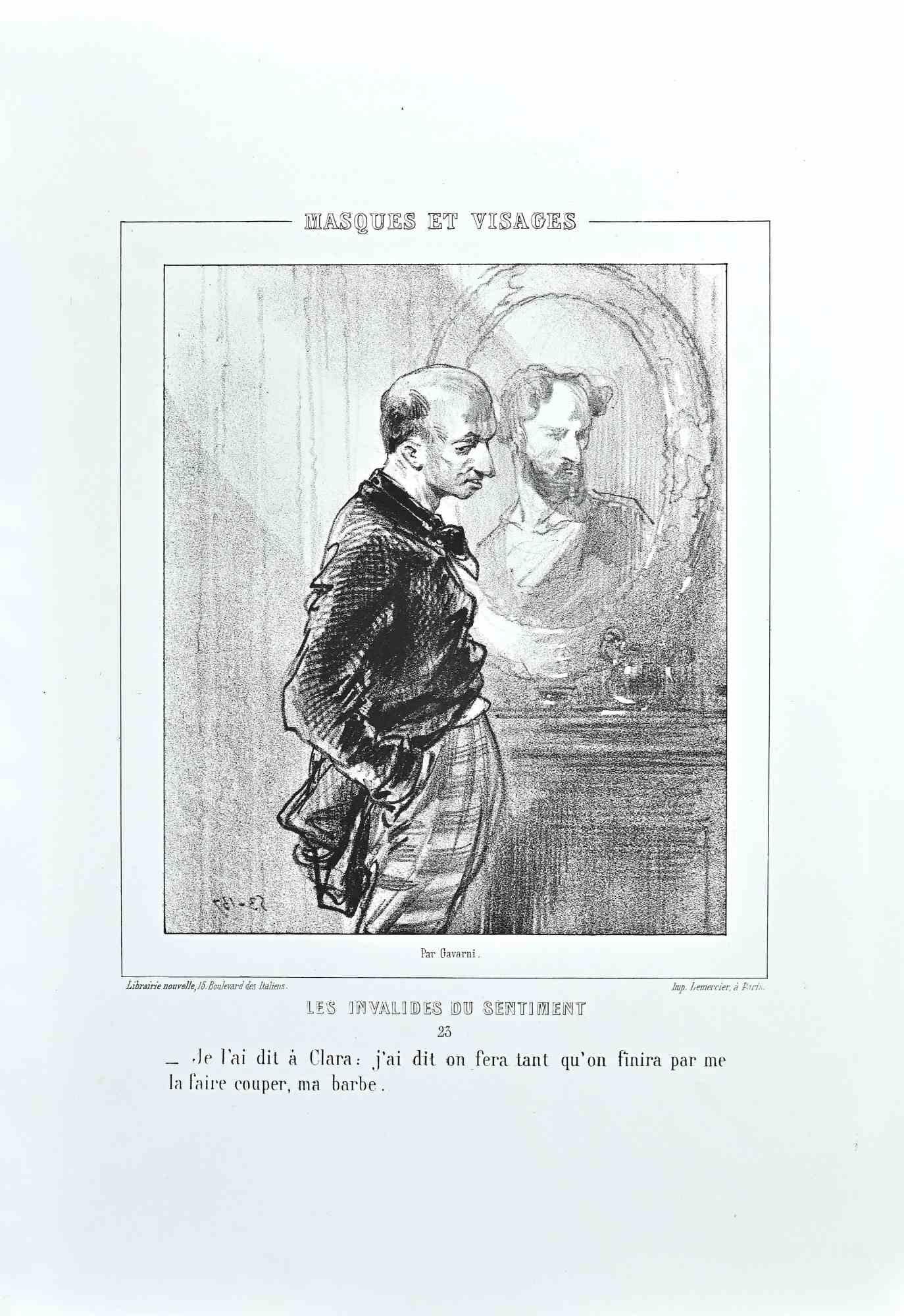 Les Invalides du Sentiment ist eine Lithografie auf elfenbeinfarbenem Papier, die von dem französischen Zeichner Paul Gavarni (alias Guillaume Sulpice Chevalier Gavarni, 1804-1866) Mitte des 19.

Aus der Serie der "Masques et Visages". Auf der