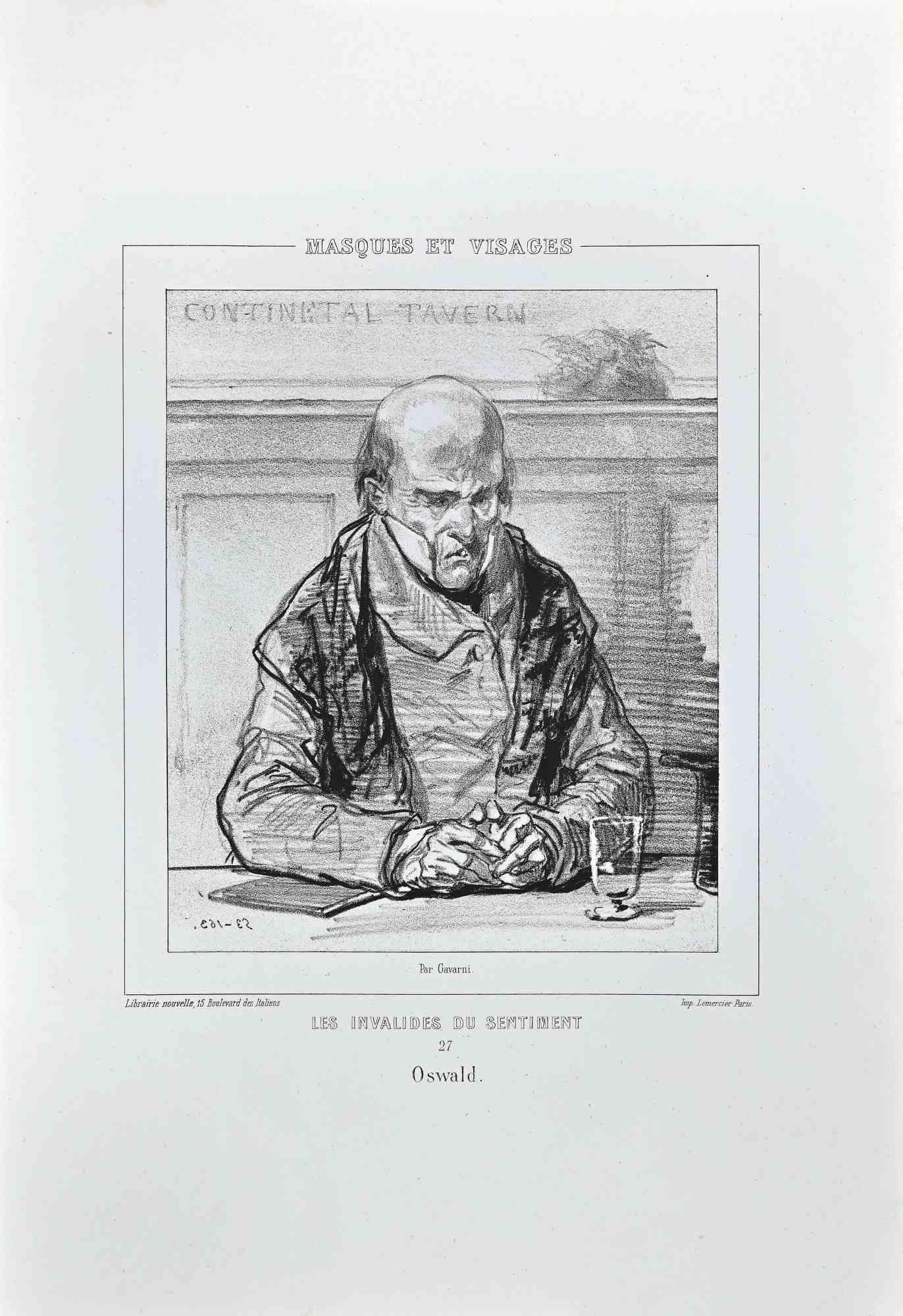 Les Invalides du Sentiment - Oswald ist eine Lithographie auf elfenbeinfarbenem Papier, die von dem französischen Zeichner Paul Gavarni (alias Guillaume Sulpice Chevalier Gavarni, 1804-1866) Mitte des 19.

Aus der Serie der "Masques et Visages". Auf
