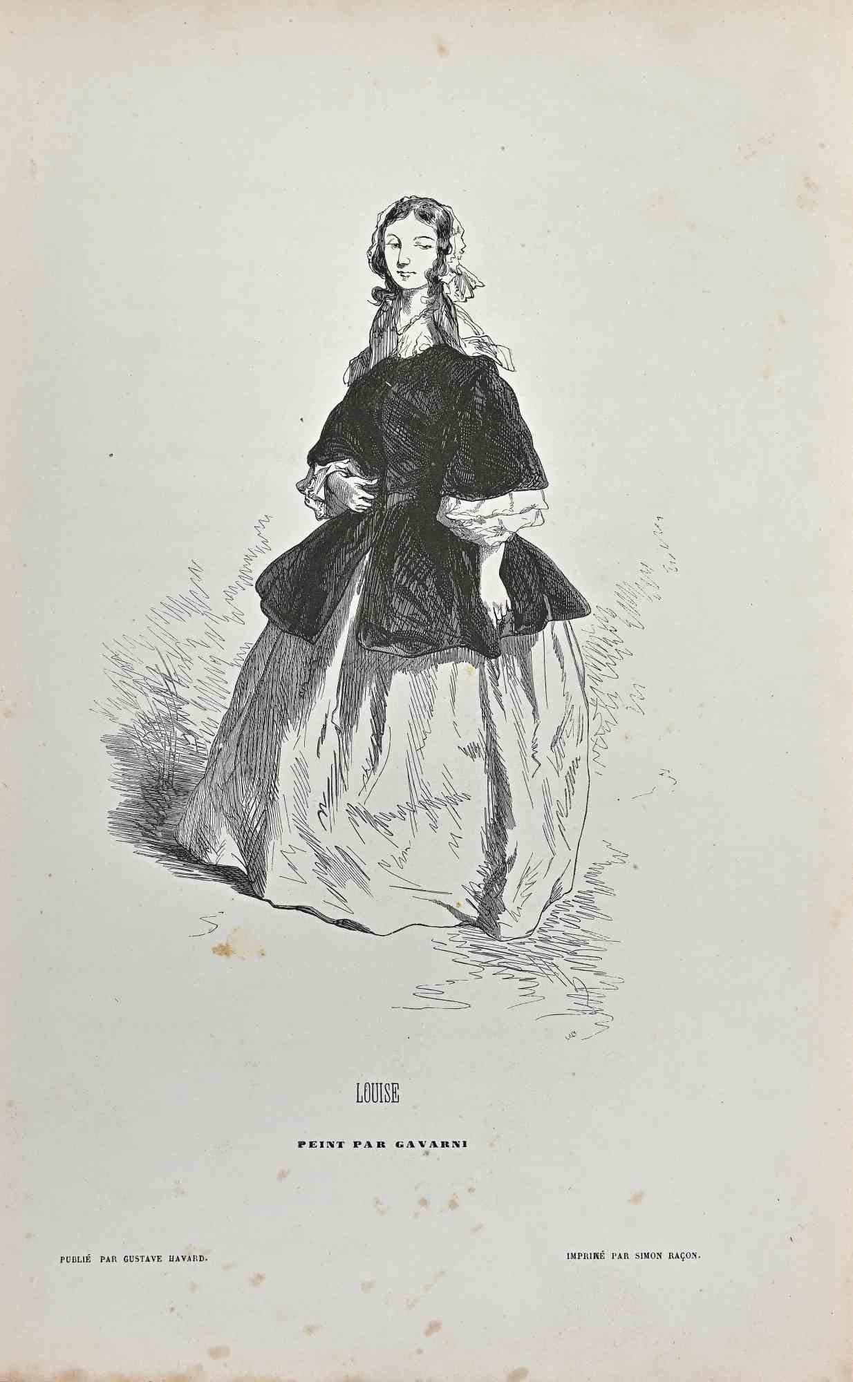 Louise is a lithograph on ivory-colored paper, realized by the French draftsman Paul Gavarni (alias Guillaume Sulpice Chevalier Gavarni, 1804-1866) in the mid-19th Century.

Signed on the plate" Par Gavarni".

From series of "Masques et Visages".