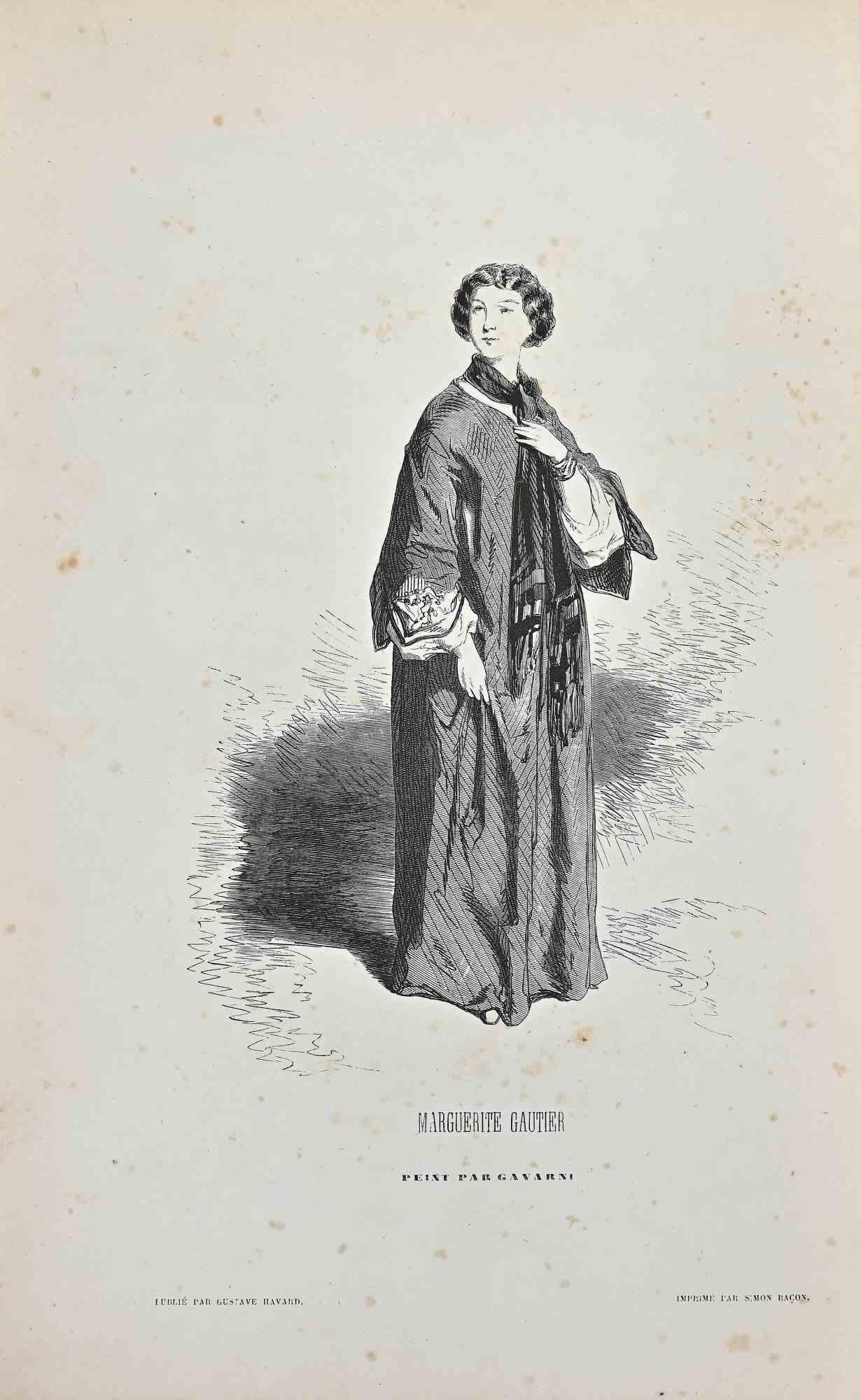 Marguerite Gautier is a lithograph on ivory-colored paper, realized by the French draftsman Paul Gavarni (alias Guillaume Sulpice Chevalier Gavarni, 1804-1866) in the mid-19th Century.

Signed on the plate" Par Gavarni". 

From series of "Masques et