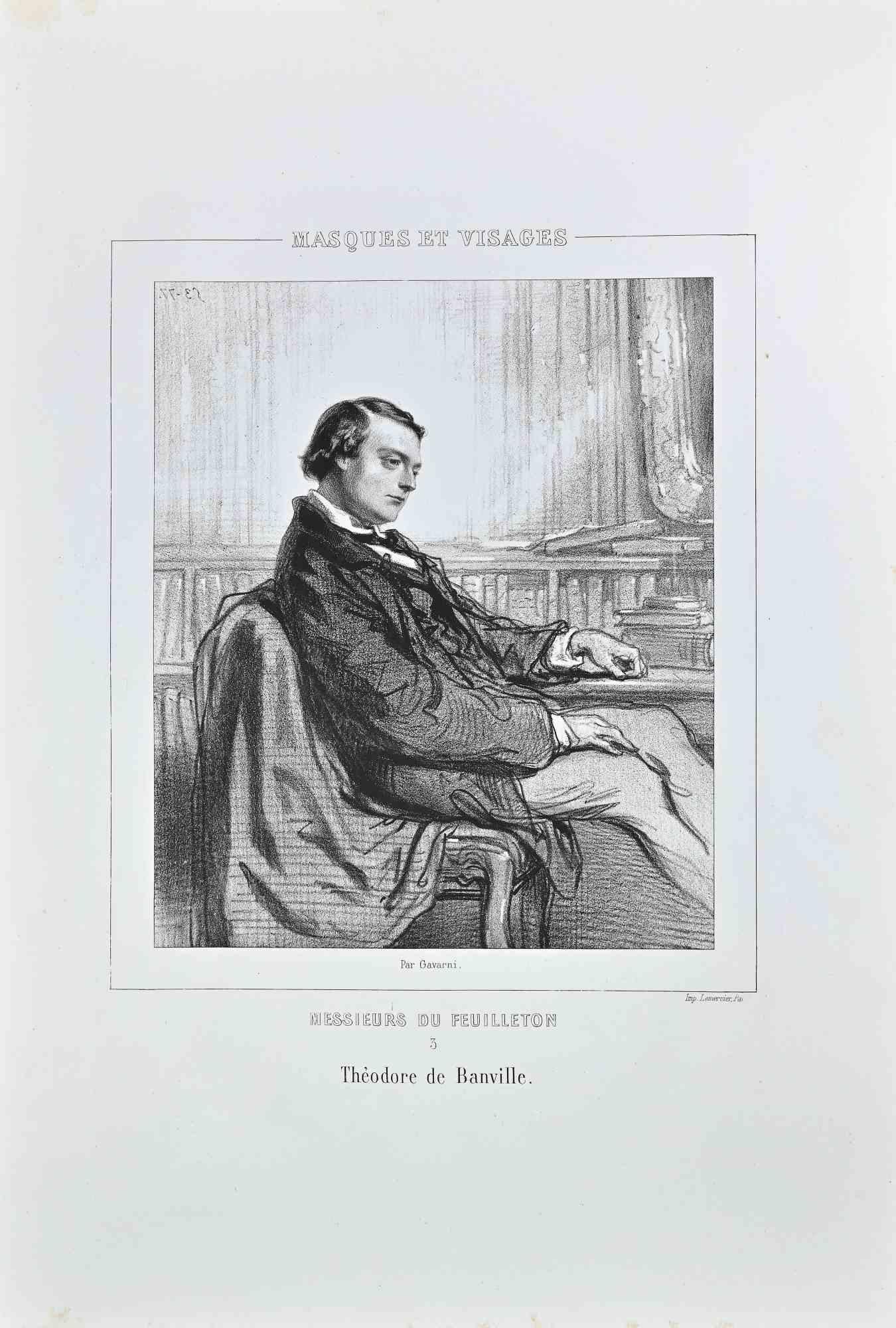 Messieurs Du Feuilleton (Portrait of Théoore de Banville) is a lithograph on ivory-colored paper, realized by the French draftsman Paul Gavarni (alias Guillaume Sulpice Chevalier Gavarni, 1804-1866) in the mid-19th Century.

From series of "Masques