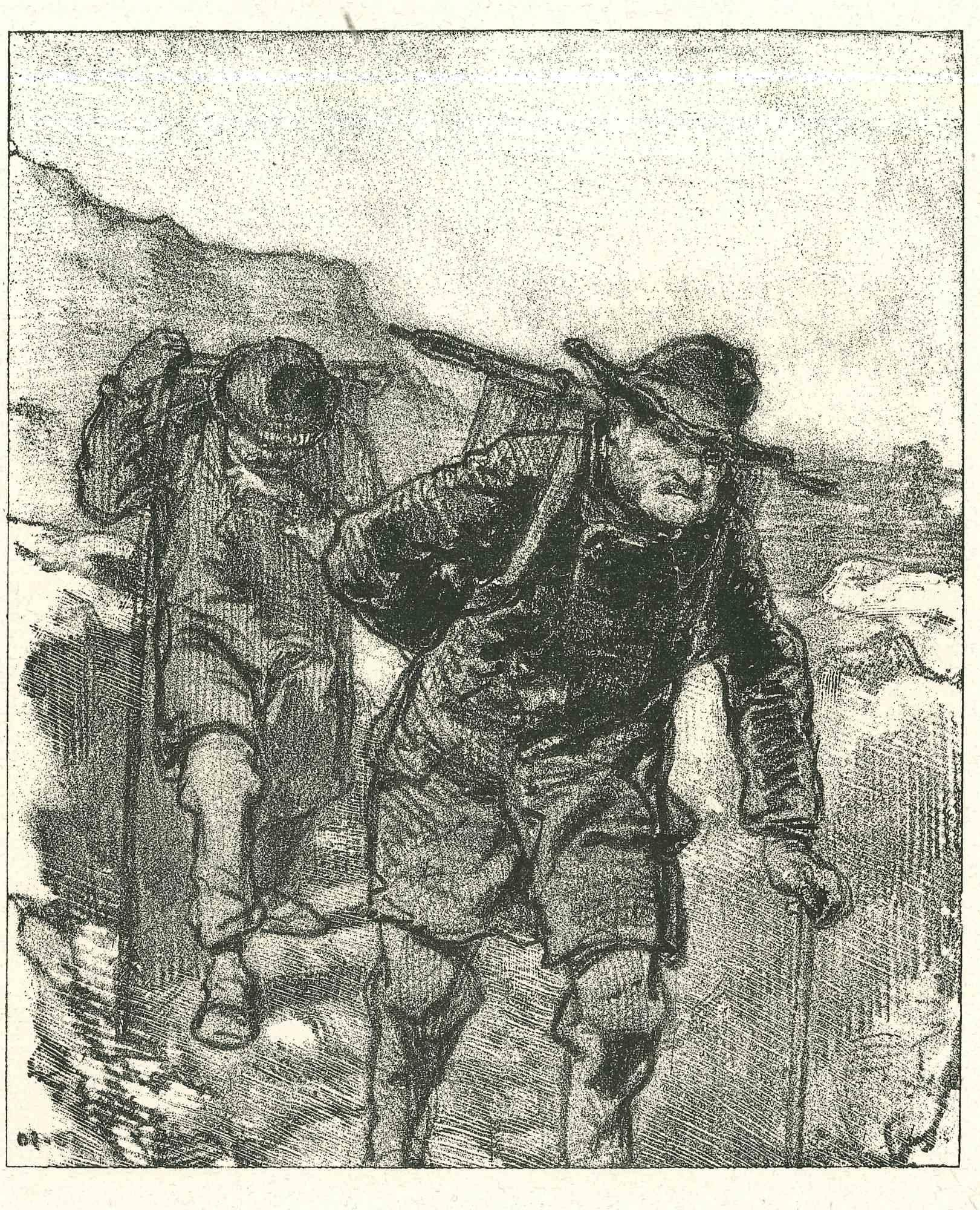 Mountaineers is an original lithograph artwork on ivory-colored paper, realized by the French draftsman Paul Gavarni (after) (alias Guillaume Sulpice Chevalier Gavarni, 1804-1866) in Paris, 1881, in the collection of Illustrations for "La Mascarade