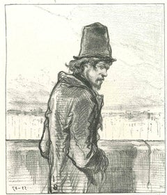 Pensive Man - Lithographie originale de Paul Gavarni - 1881