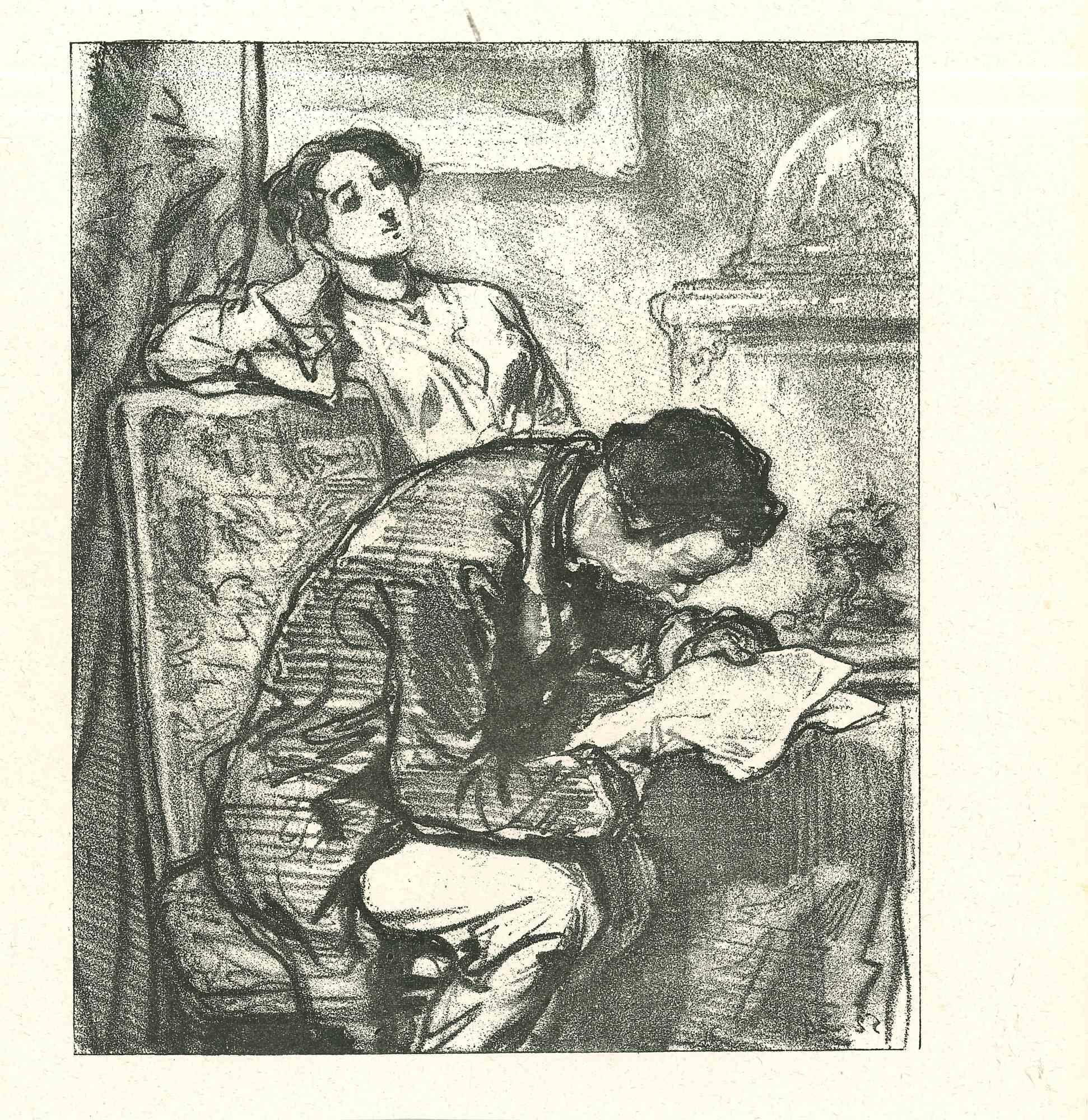 Reading the news is an original lithograph artwork on ivory-colored paper, realized by the French draftsman Paul Gavarni (after) (alias Guillaume Sulpice Chevalier Gavarni, 1804-1866) in Paris, 1881, in the collection of Illustrations for "La