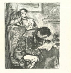 Reading the News - Original Lithograph by Paul Gavarni - 1881