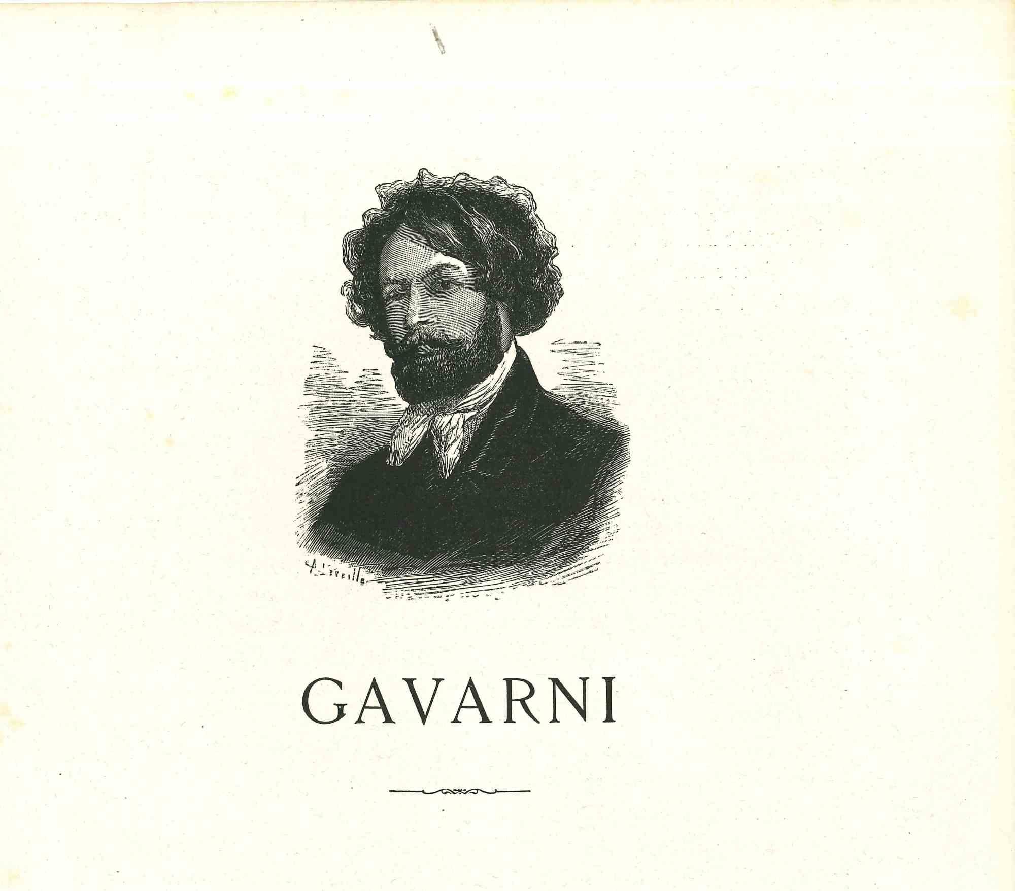 Self-portrait of Gavarni is an original lithograph artwork on ivory-colored paper, realized by the French draftsman Paul Gavarni (after) (alias Guillaume Sulpice Chevalier Gavarni, 1804-1866) in Paris, 1881, in the collection of Illustrations for