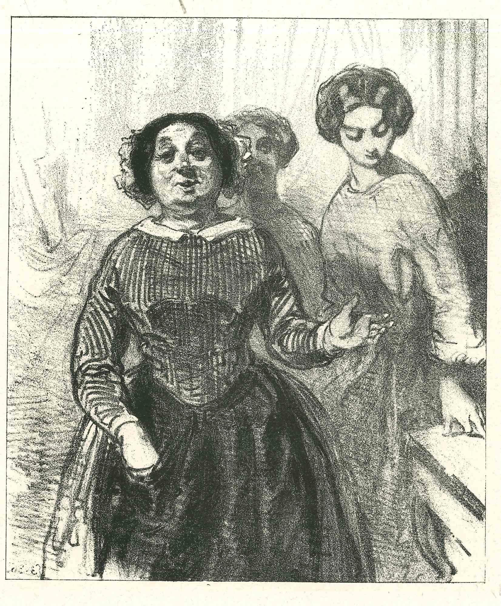 The accompanying is an original lithograph artwork on ivory-colored paper, realized by the French draftsman Paul Gavarni (after) (alias Guillaume Sulpice Chevalier Gavarni, 1804-1866) in Paris, 1881, in the collection of Illustrations for "La