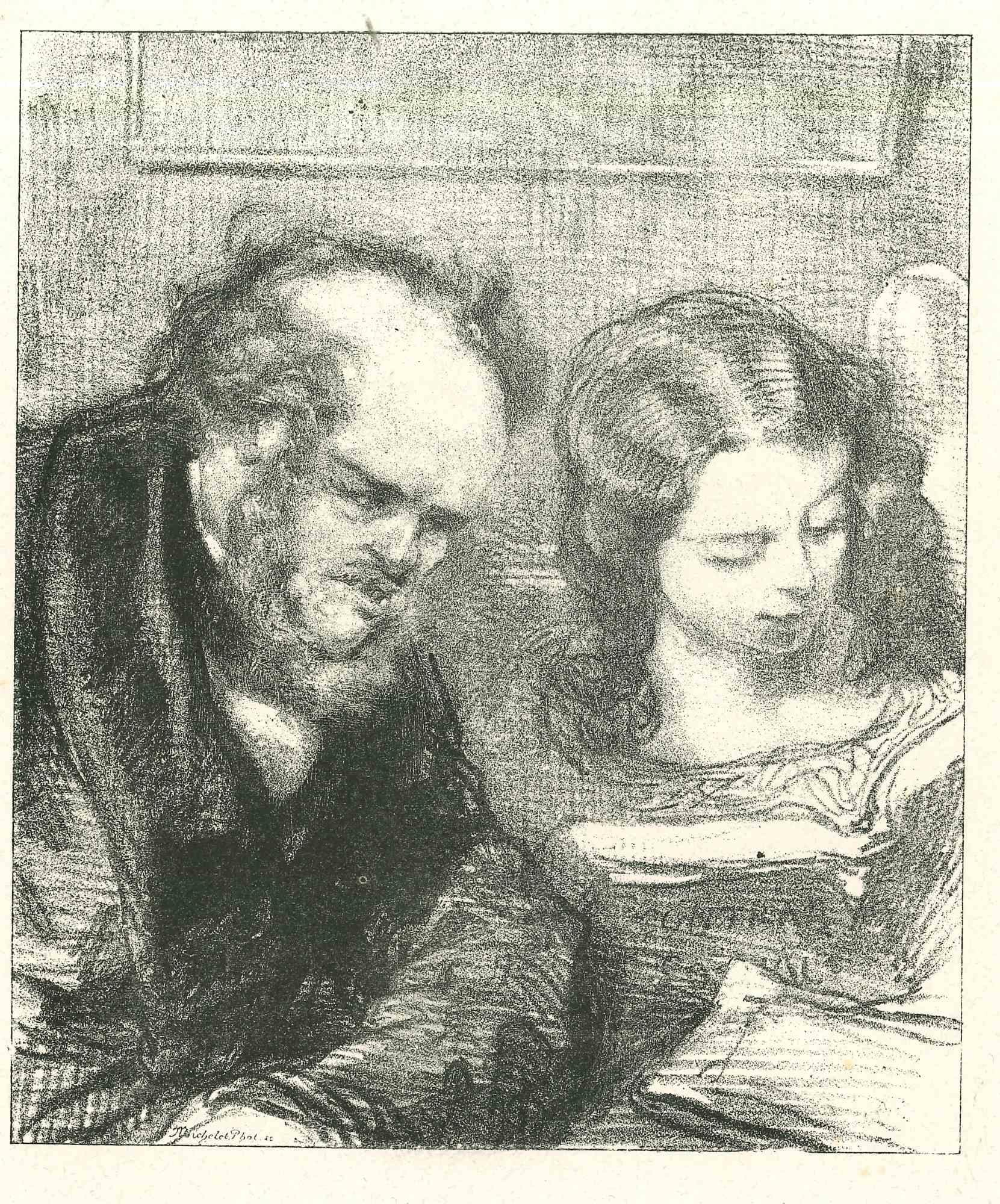 The Accompanying is an original lithograph artwork on ivory-colored paper, realized by the French draftsman Paul Gavarni (after) (alias Guillaume Sulpice Chevalier Gavarni, 1804-1866) in Paris, 1881, in the collection of Illustrations for "La