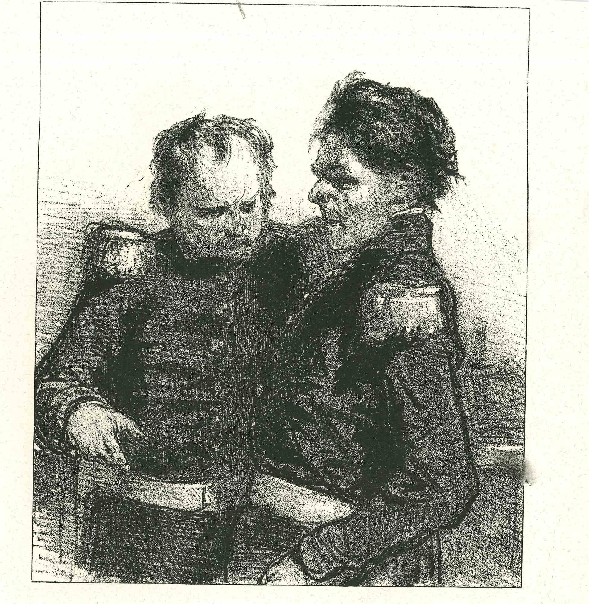 The affection is an original lithograph artwork on ivory-colored paper, realized by the French draftsman Paul Gavarni (after) (alias Guillaume Sulpice Chevalier Gavarni, 1804-1866) in Paris, 1881, in the collection of Illustrations for "La Mascarade