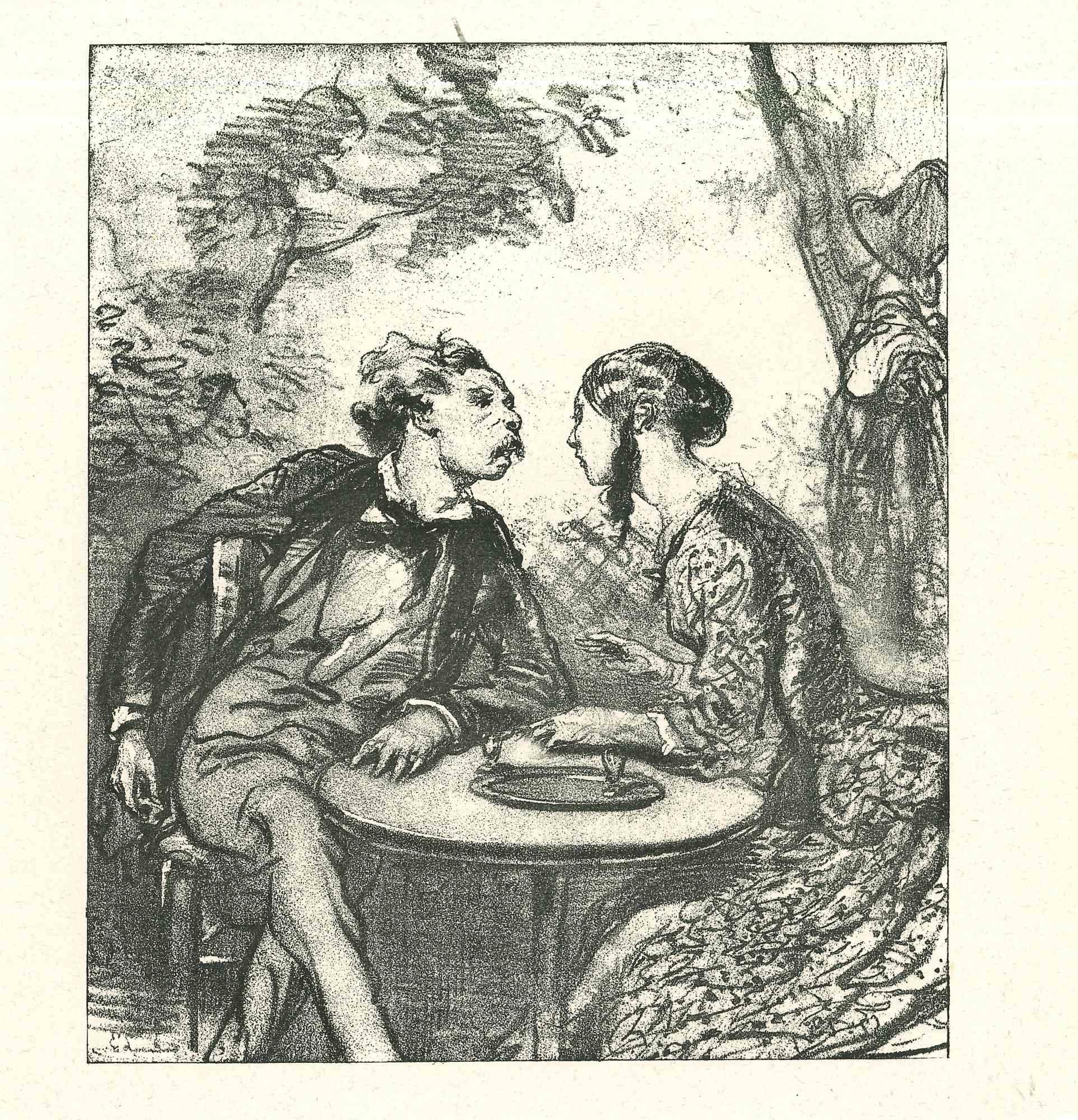 The affection is an original lithograph artwork on ivory-colored paper, realized by the French draftsman Paul Gavarni (after) (alias Guillaume Sulpice Chevalier Gavarni, 1804-1866) in Paris, 1881, in the collection of Illustrations for "La Mascarade