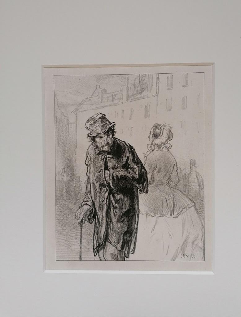 The Beggar is an original modern artwork realized in the first half of the XIX Century by Paul Gavarni (Paris, 1804 – 1866).   

Original B/W Lithograph on paper. 

Passepartout is included (cm 60 x 40). 

Sigled on the lower right corner on plate.