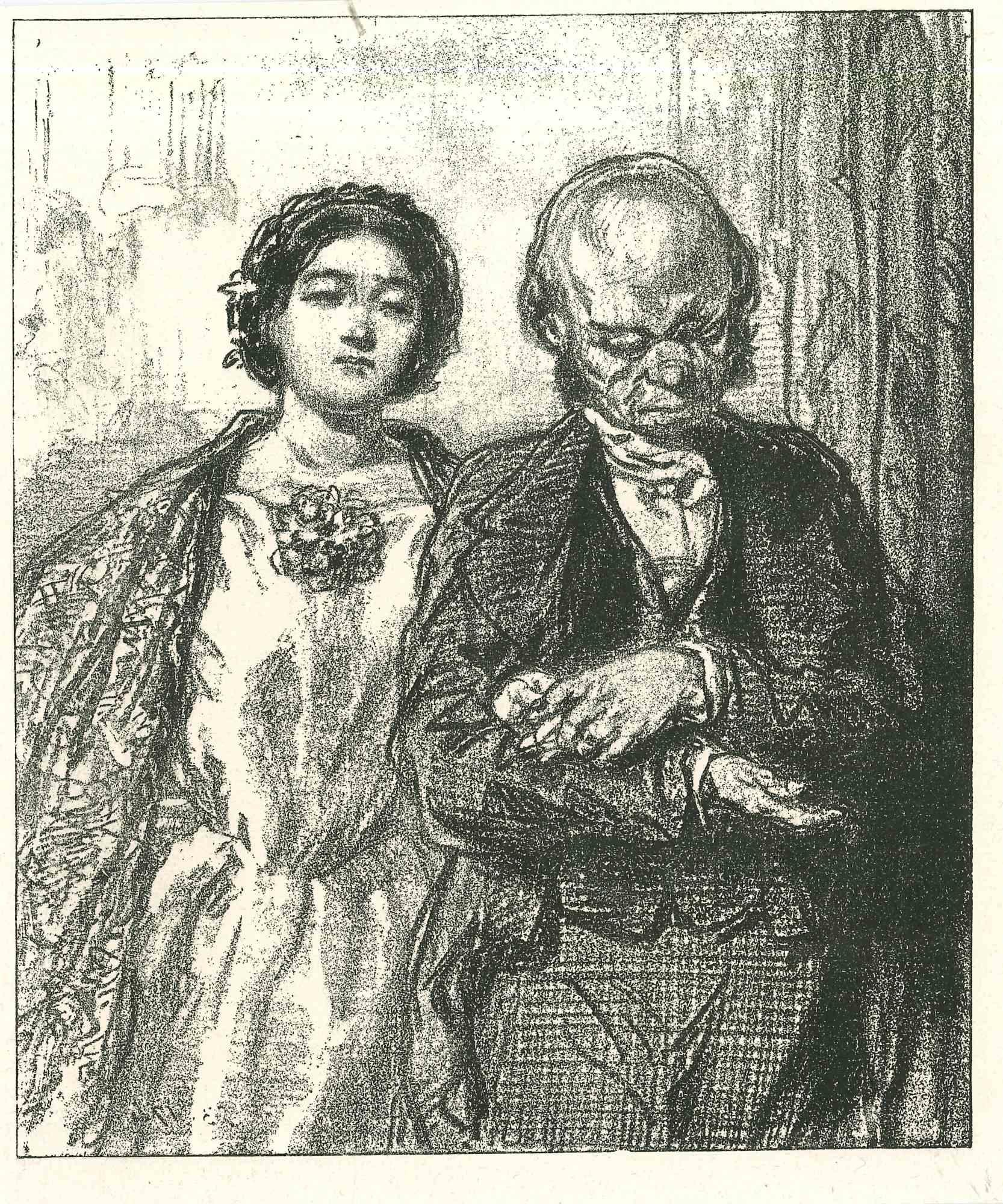 The companionship is an original lithograph on ivory-colored paper, realized by the French draftsman Paul Gavarni (after) (alias Guillaume Sulpice Chevalier Gavarni, 1804-1866) in Paris, 1881, in the collection of Illustrations for "La Mascarade