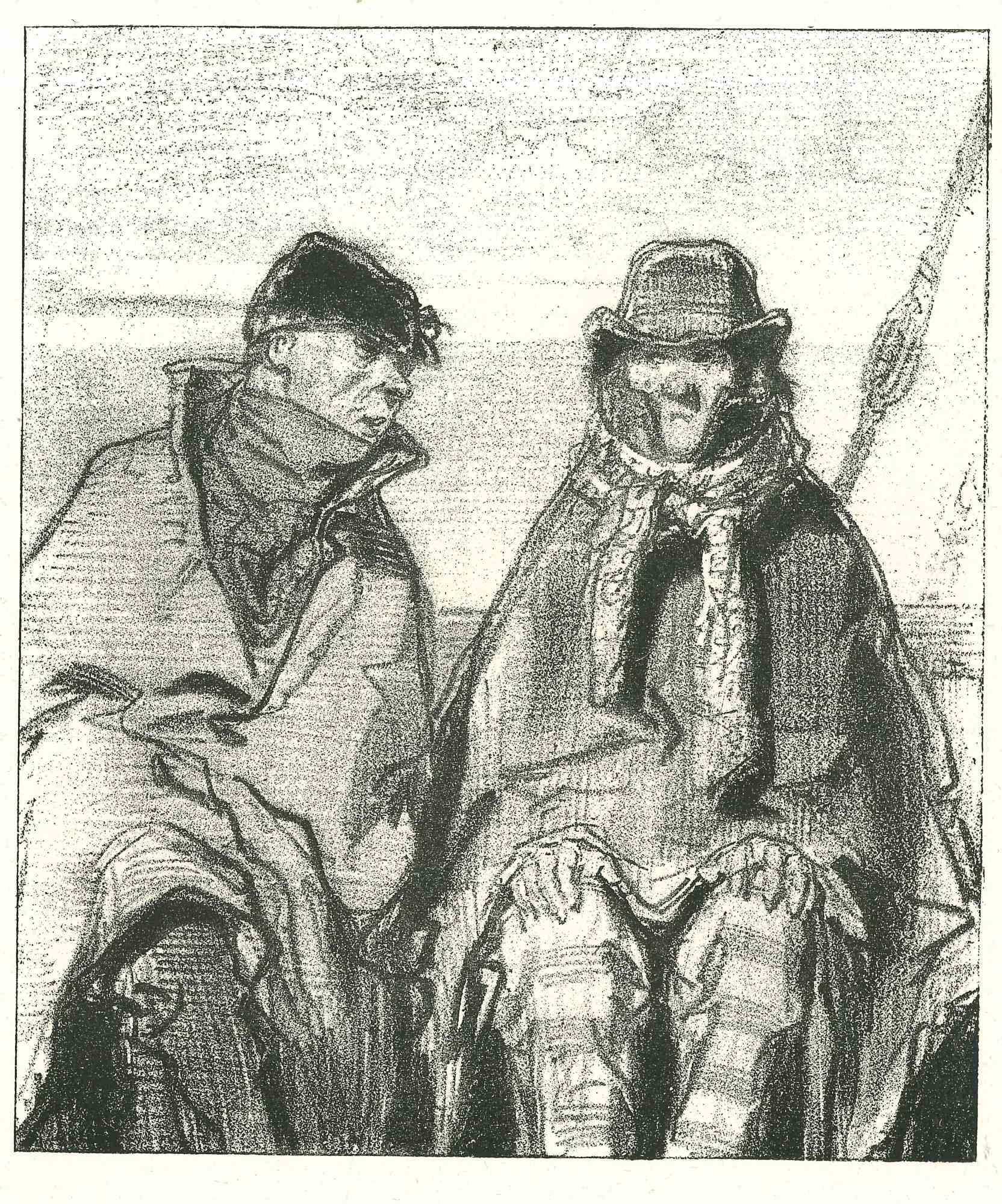 The conversation in the ship is an original lithograph artwork on ivory-colored paper, realized by the French draftsman Paul Gavarni (after) (alias Guillaume Sulpice Chevalier Gavarni, 1804-1866) in Paris, 1881, in the collection of Illustrations