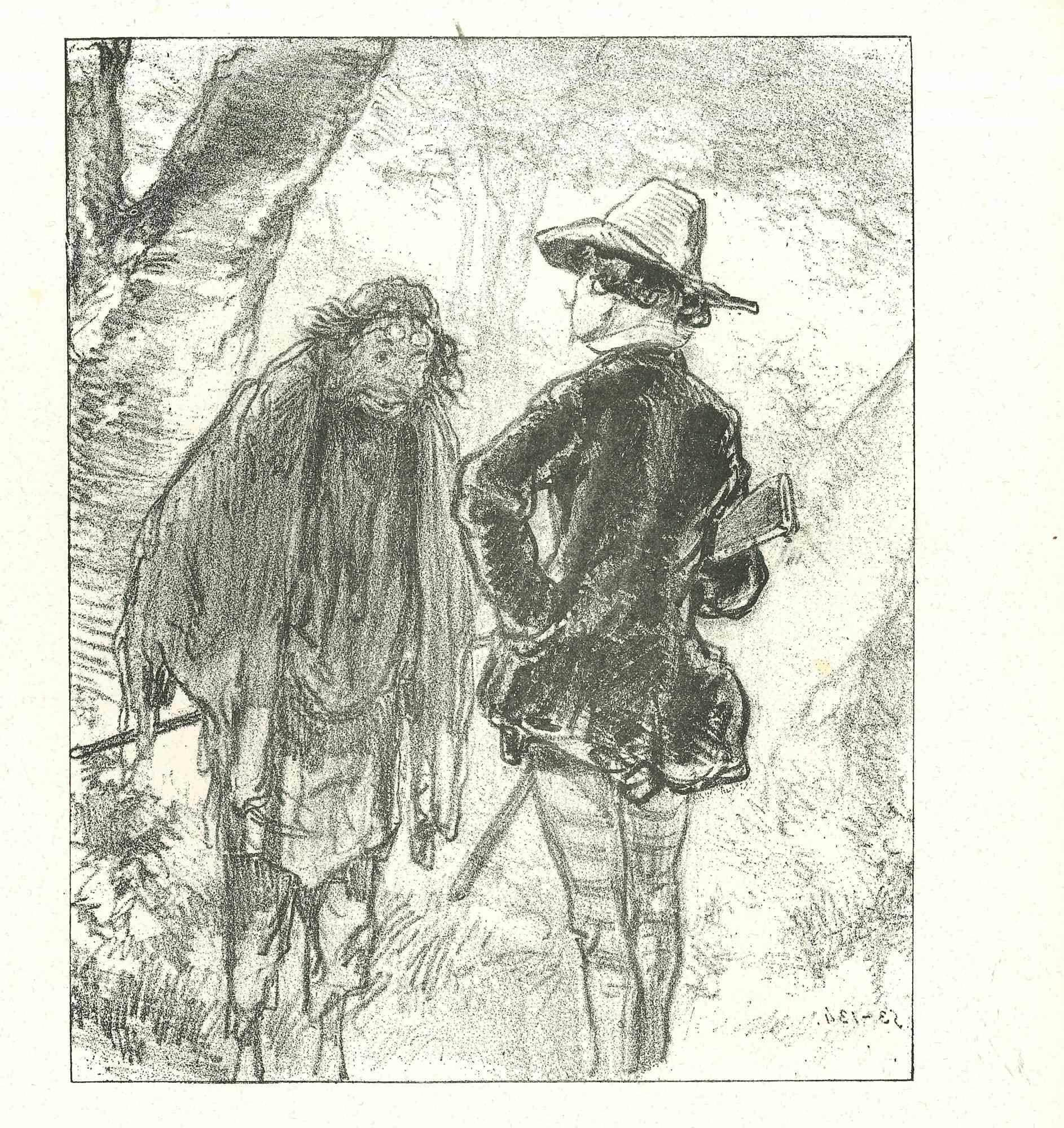 Figurative Print Paul Gavarni - La conversation d'un vagabond et d'un chasseur - Lithographie originale - 1881