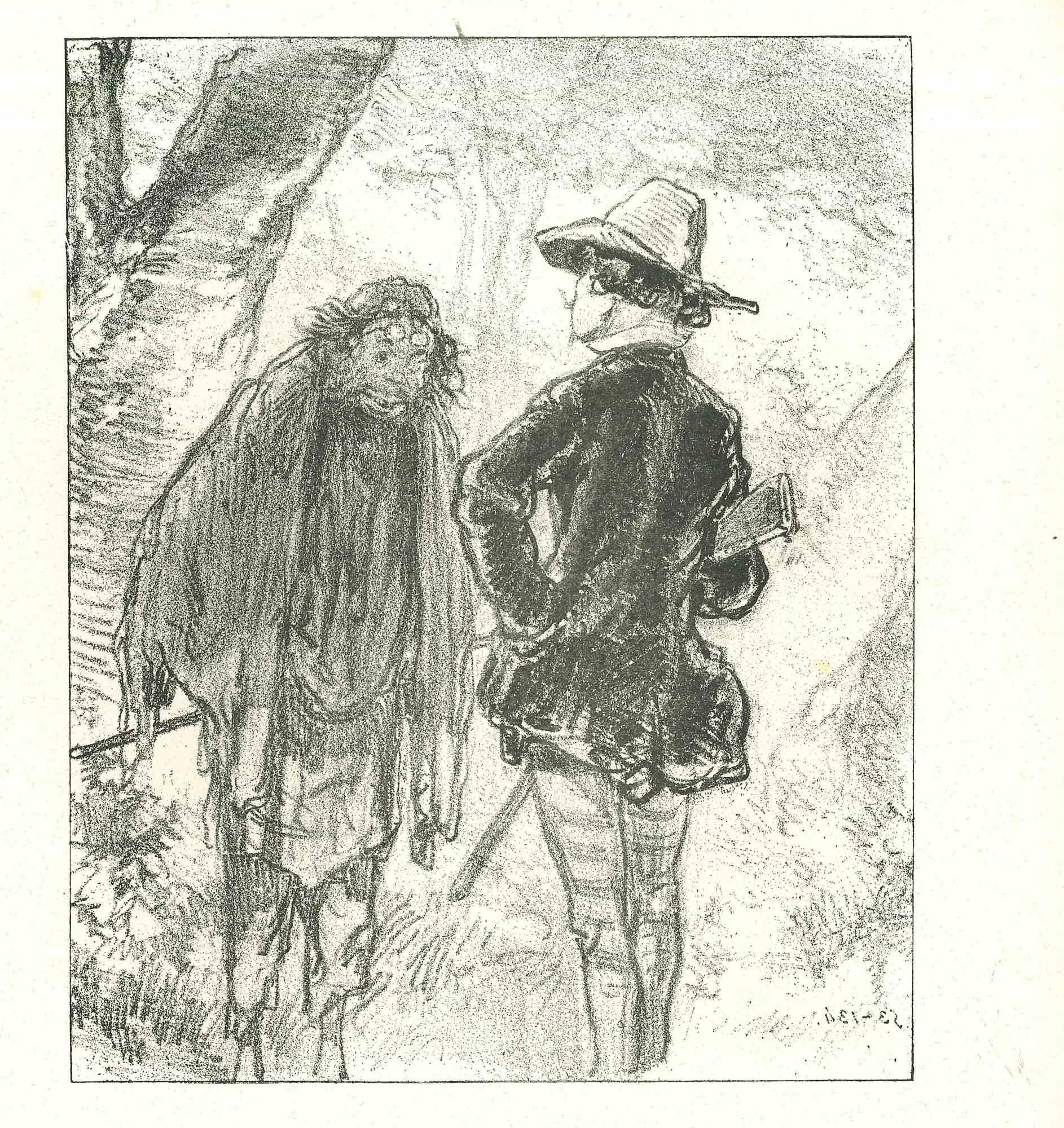 Paul Gavarni Figurative Print – The Conversation of Vagabond and Hunter - Originallithographie - 1881
