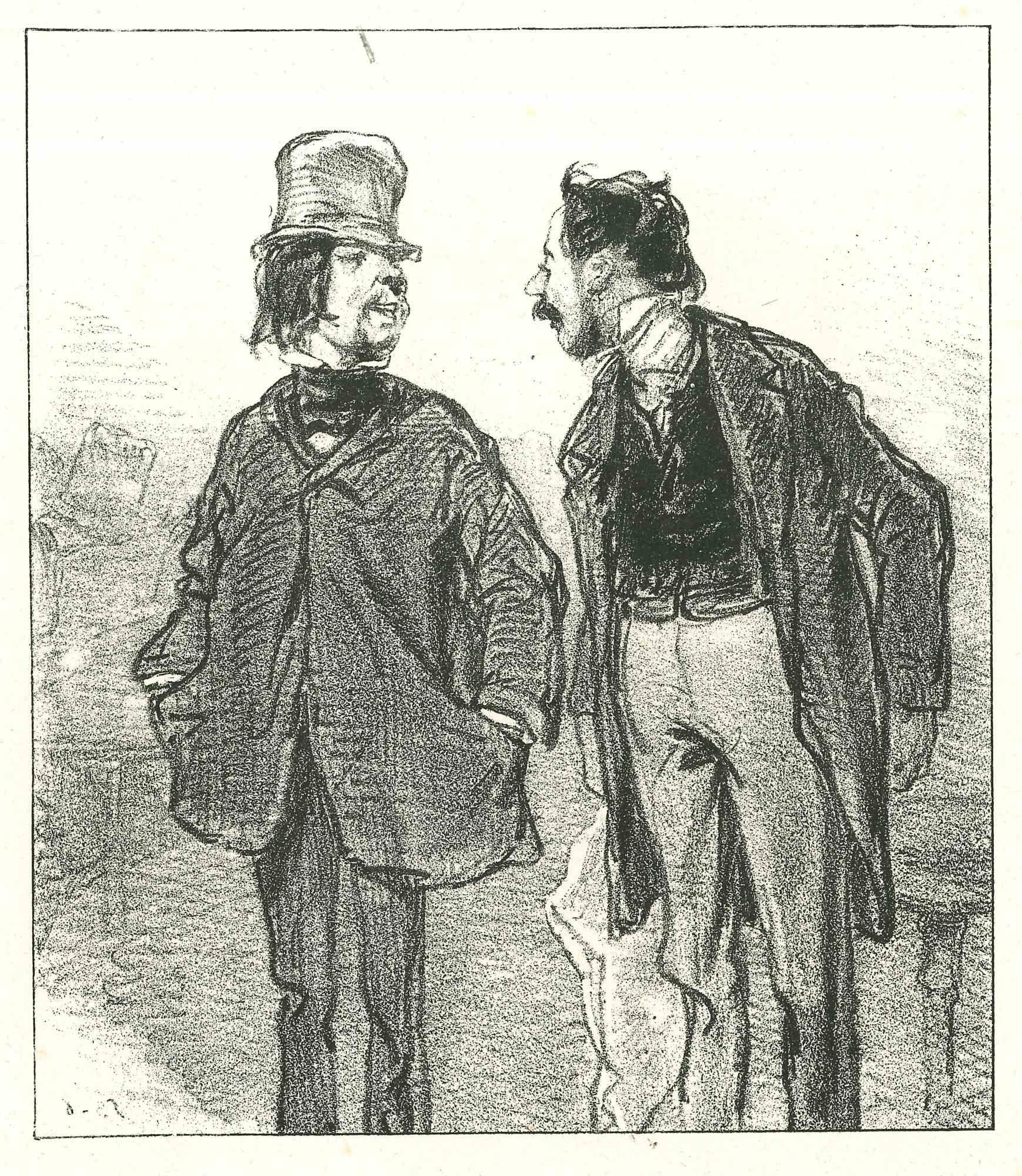 The conversation is an original lithograph artwork on ivory-colored paper, realized by the French draftsman Paul Gavarni (after) (alias Guillaume Sulpice Chevalier Gavarni, 1804-1866) in Paris, 1881, in the collection of Illustrations for "La