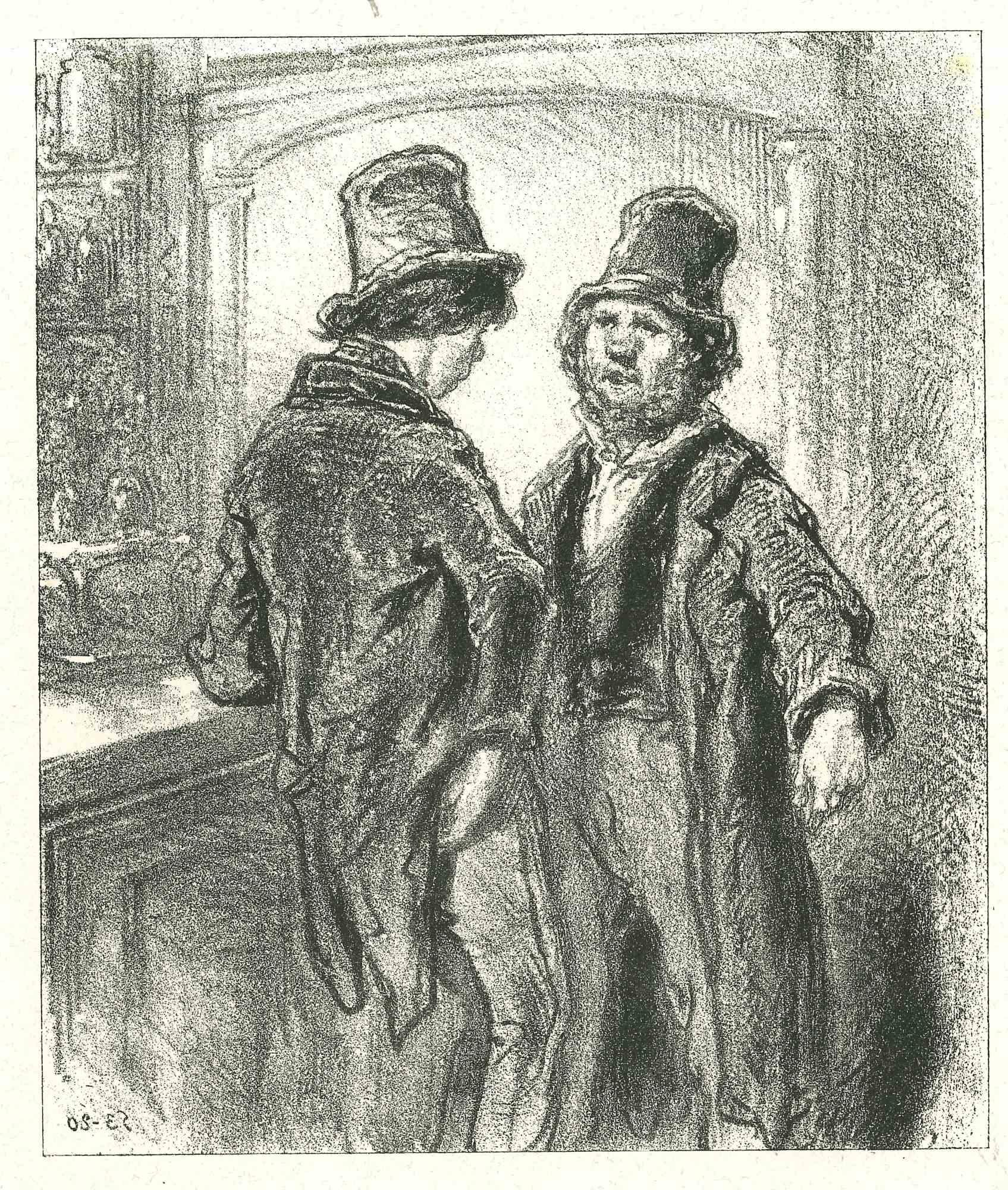 The conversation is an original lithograph artwork on ivory-colored paper, realized by the French draftsman Paul Gavarni (after) (alias Guillaume Sulpice Chevalier Gavarni, 1804-1866) in Paris, 1881, in the collection of Illustrations for "La