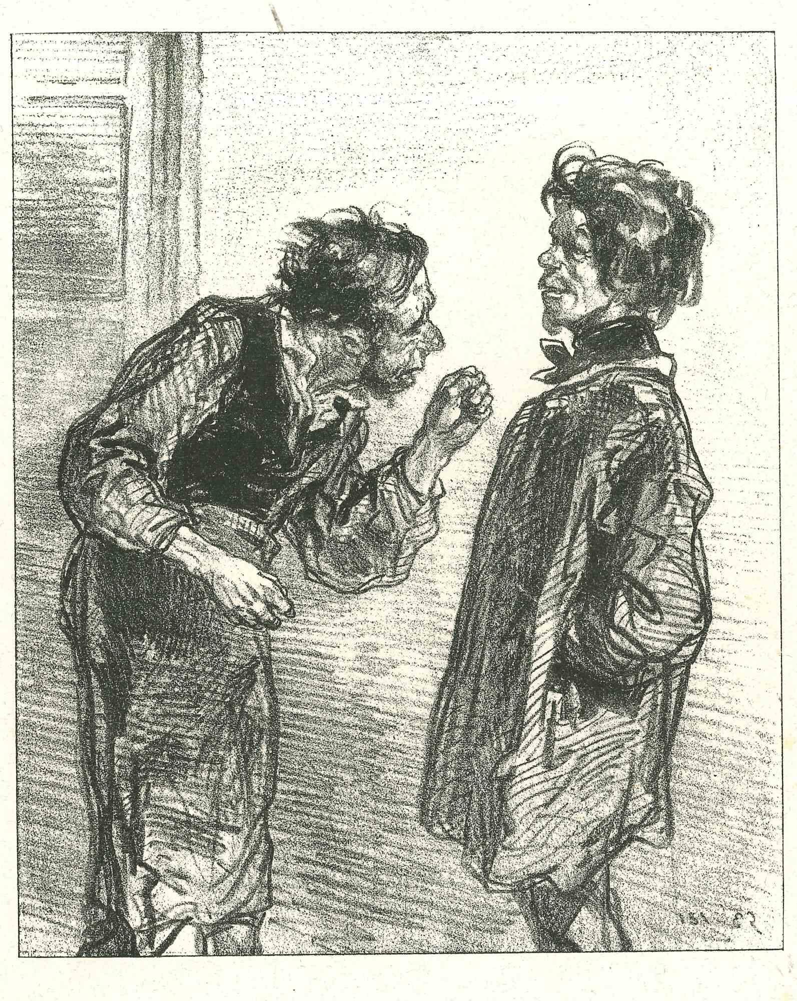 The conversation is an original lithograph on ivory-colored paper, realized by the French draftsman Paul Gavarni (after) (alias Guillaume Sulpice Chevalier Gavarni, 1804-1866) in Paris, 1881, in the collection of Illustrations for "La Mascarade