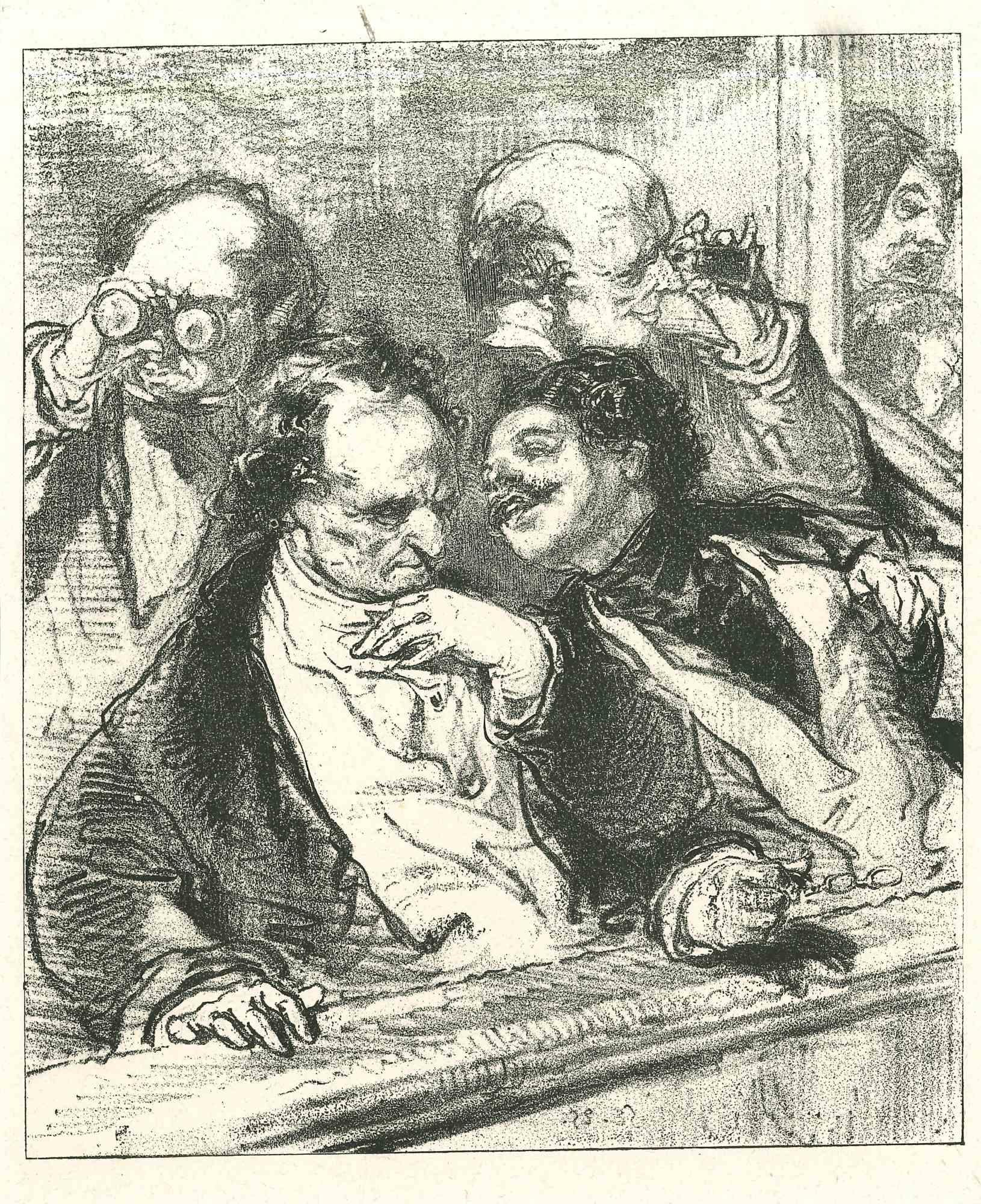 The conversation is an original lithograph on ivory-colored paper, realized by the French draftsman Paul Gavarni (after) (alias Guillaume Sulpice Chevalier Gavarni, 1804-1866) in Paris, 1881, in the collection of Illustrations for "La Mascarade