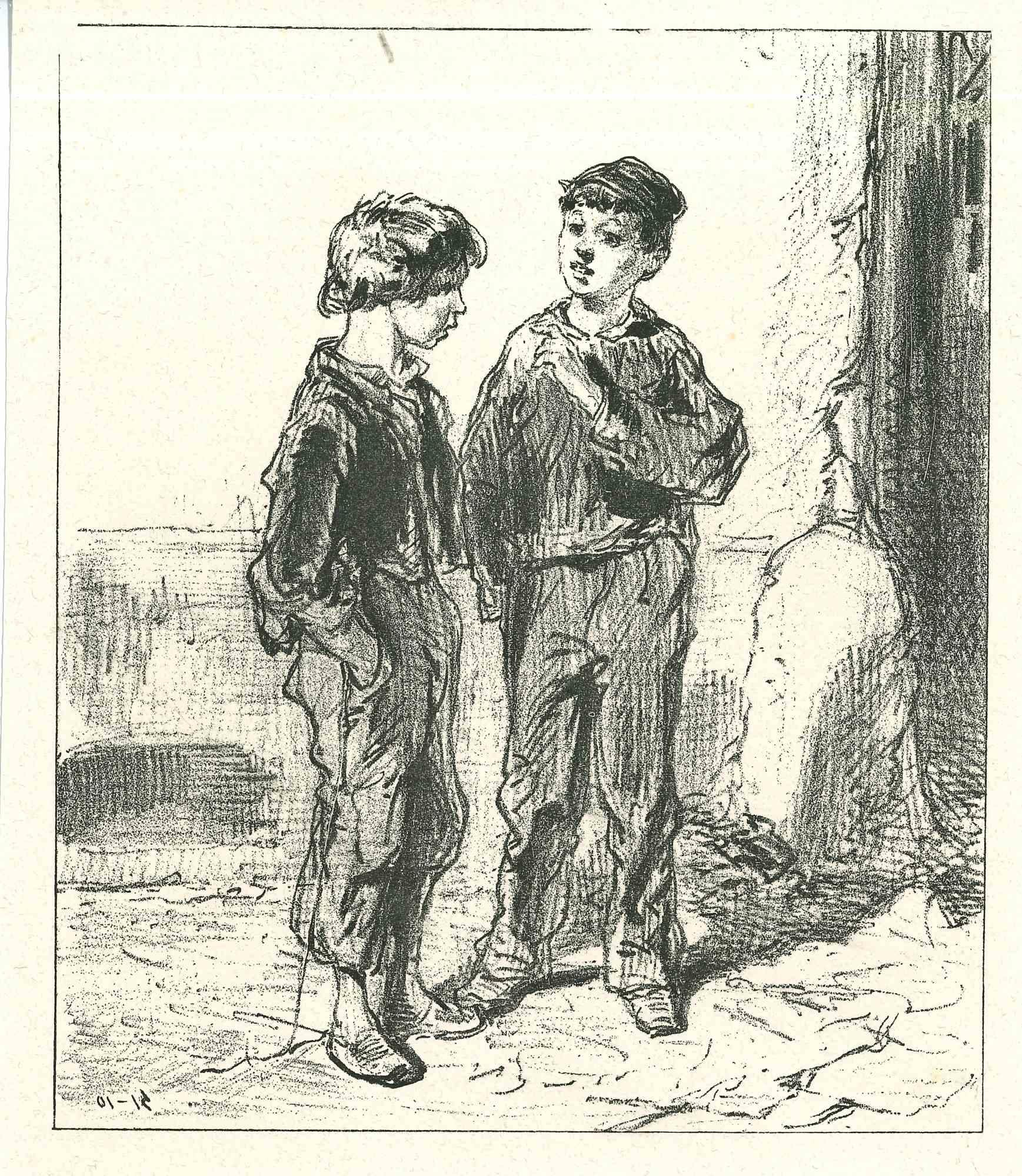 The conversation is an original lithograph artwork on ivory-colored paper, realized by the French draftsman Paul Gavarni (after) (alias Guillaume Sulpice Chevalier Gavarni, 1804-1866) in Paris, 1881, in the collection of Illustrations for "La