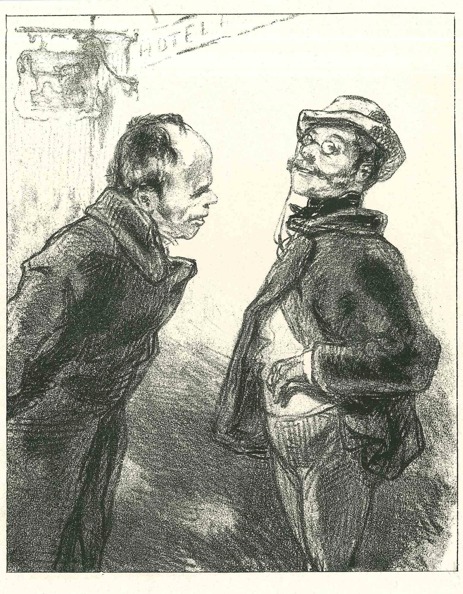 The Conversation is an original lithograph artwork on ivory-colored paper, realized by the French draftsman Paul Gavarni (after) (alias Guillaume Sulpice Chevalier Gavarni, 1804-1866) in Paris, 1881, in the collection of Illustrations for "La