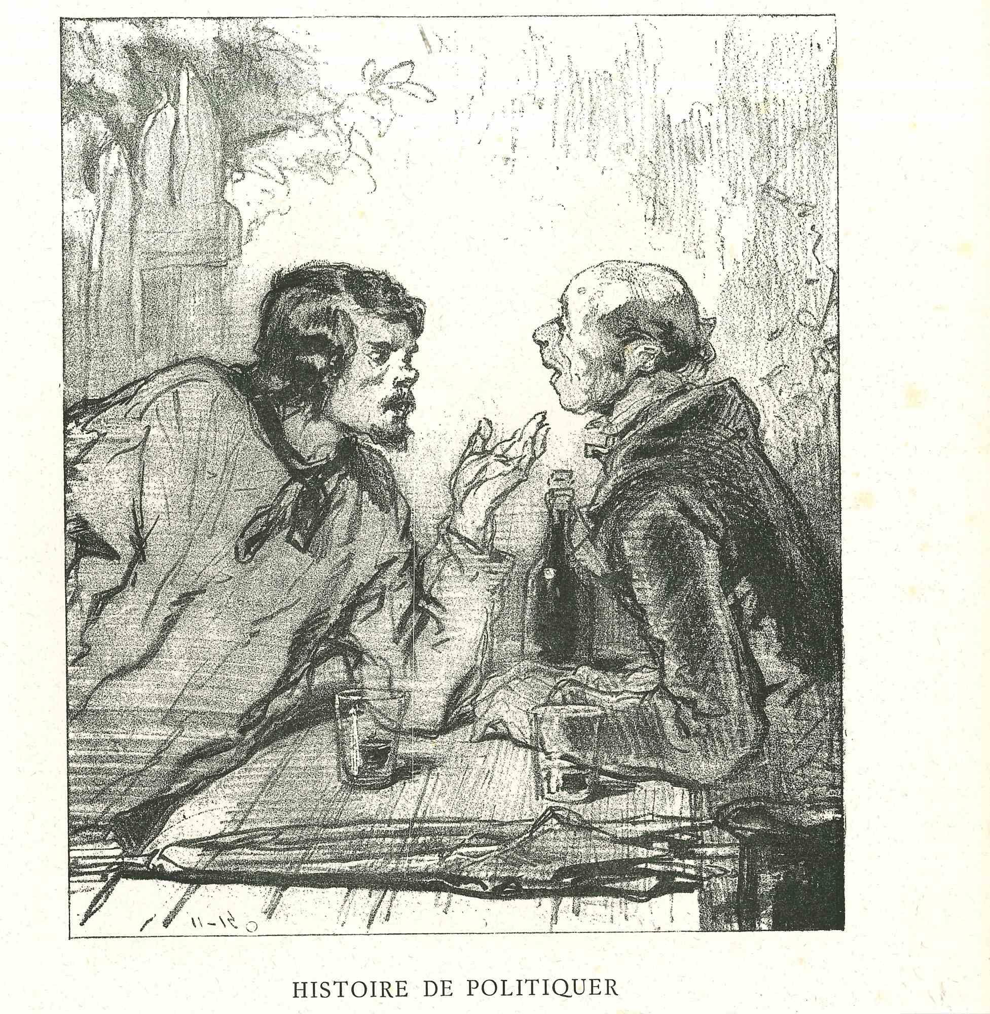 The Conversation is an original lithograph artwork on ivory-colored paper, realized by the French draftsman Paul Gavarni (after) (alias Guillaume Sulpice Chevalier Gavarni, 1804-1866) in Paris, 1881, in the collection of Illustrations for "La
