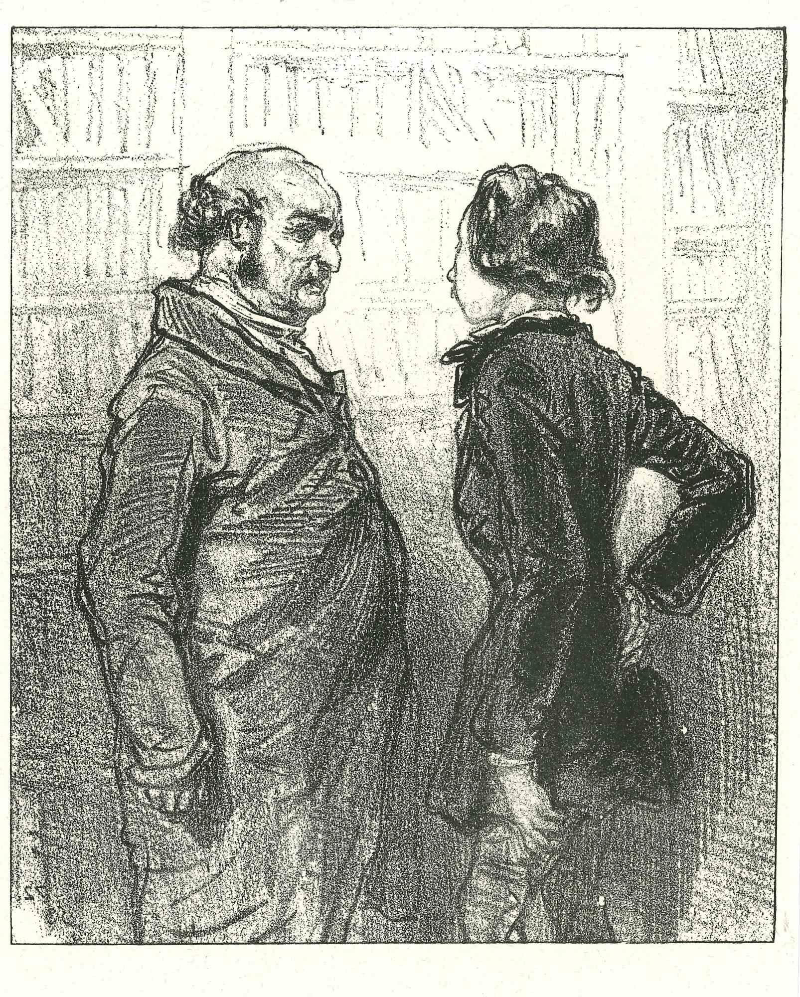 The Conversation is an original lithograph artwork on ivory-colored paper, realized by the French draftsman Paul Gavarni (after) (alias Guillaume Sulpice Chevalier Gavarni, 1804-1866) in Paris, 1881, in the collection of Illustrations for "La