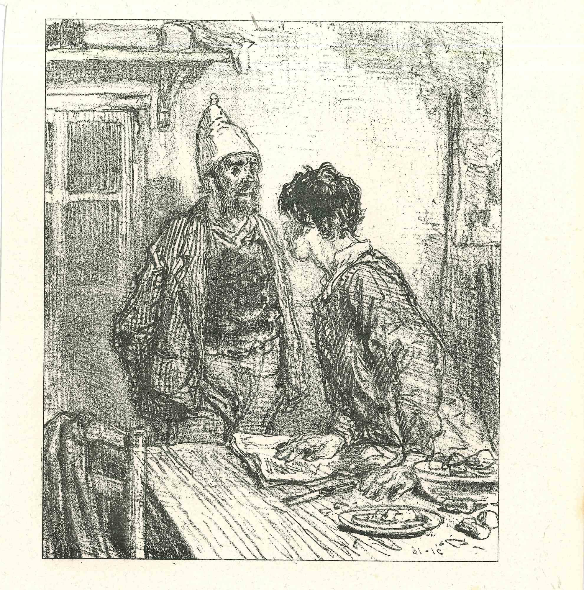 Paul Gavarni Figurative Print – The Conversation Over the Table - Original Lithographie - 1881