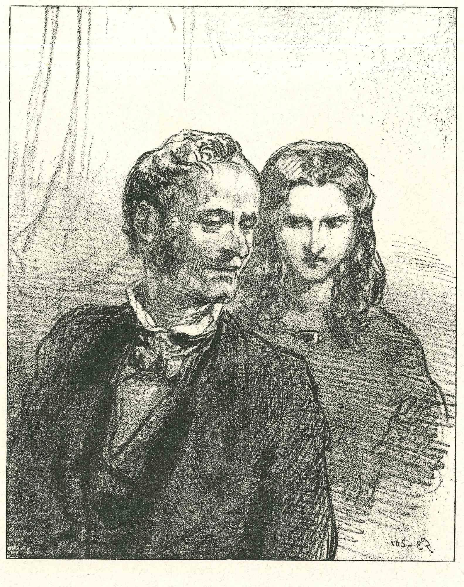 The Couple is an original lithograph artwork on ivory-colored paper, realized by the French draftsman Paul Gavarni (after) (alias Guillaume Sulpice Chevalier Gavarni, 1804-1866) in Paris, 1881, in the collection of Illustrations for "La Mascarade